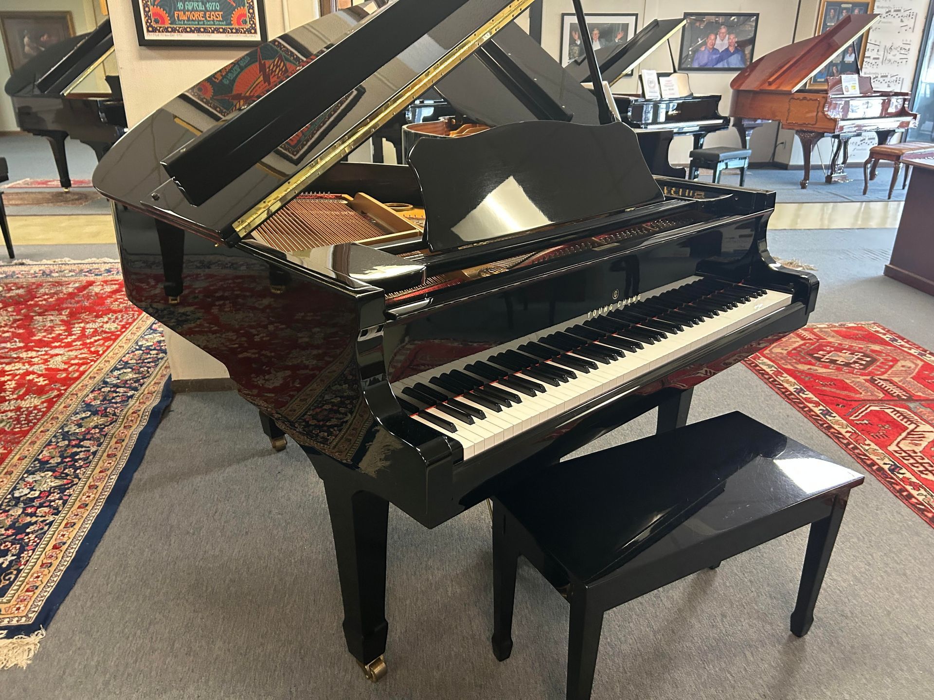 A black grand piano is sitting in a room with a bench.