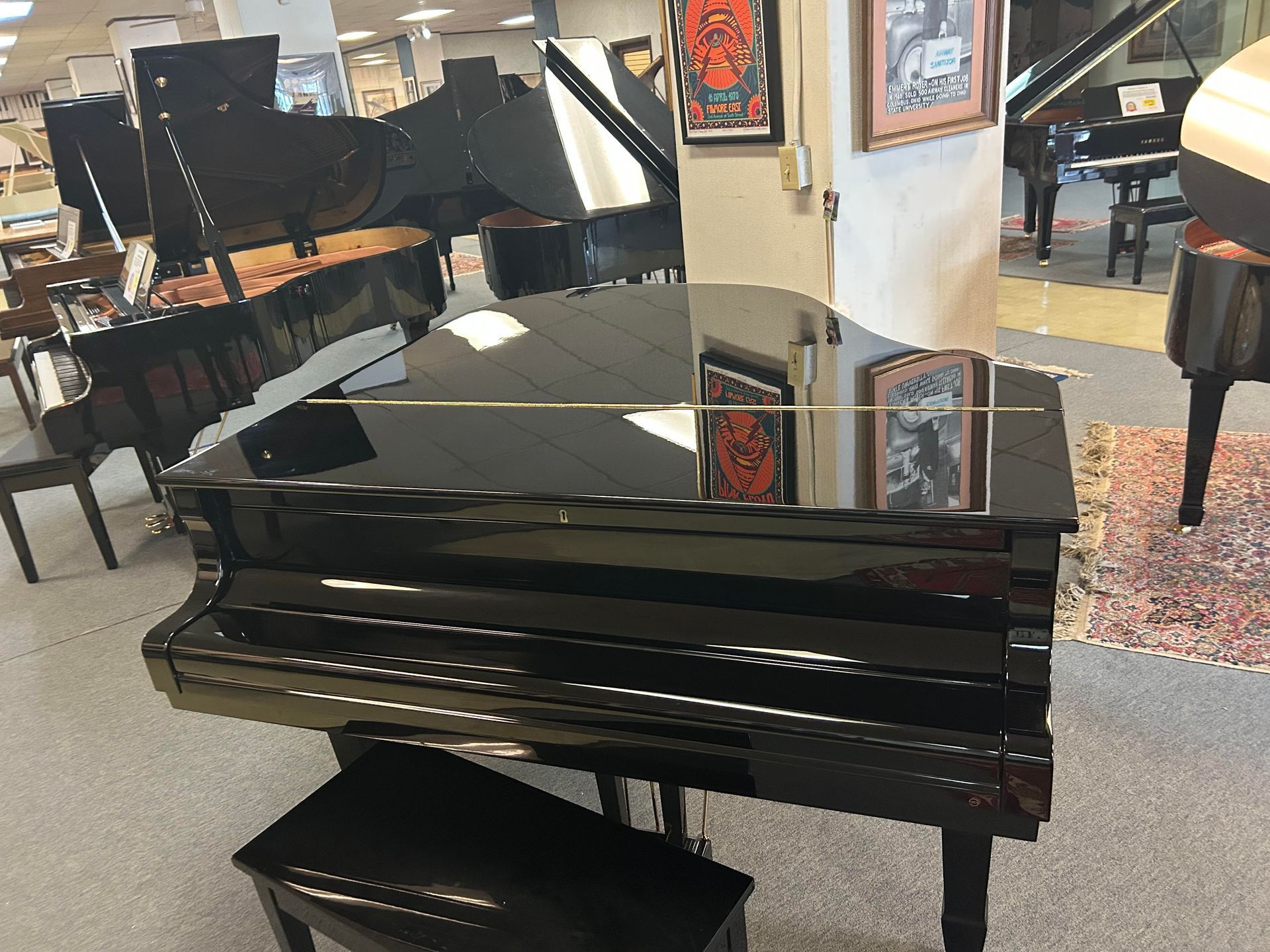 A black grand piano is sitting in a room with other pianos.
