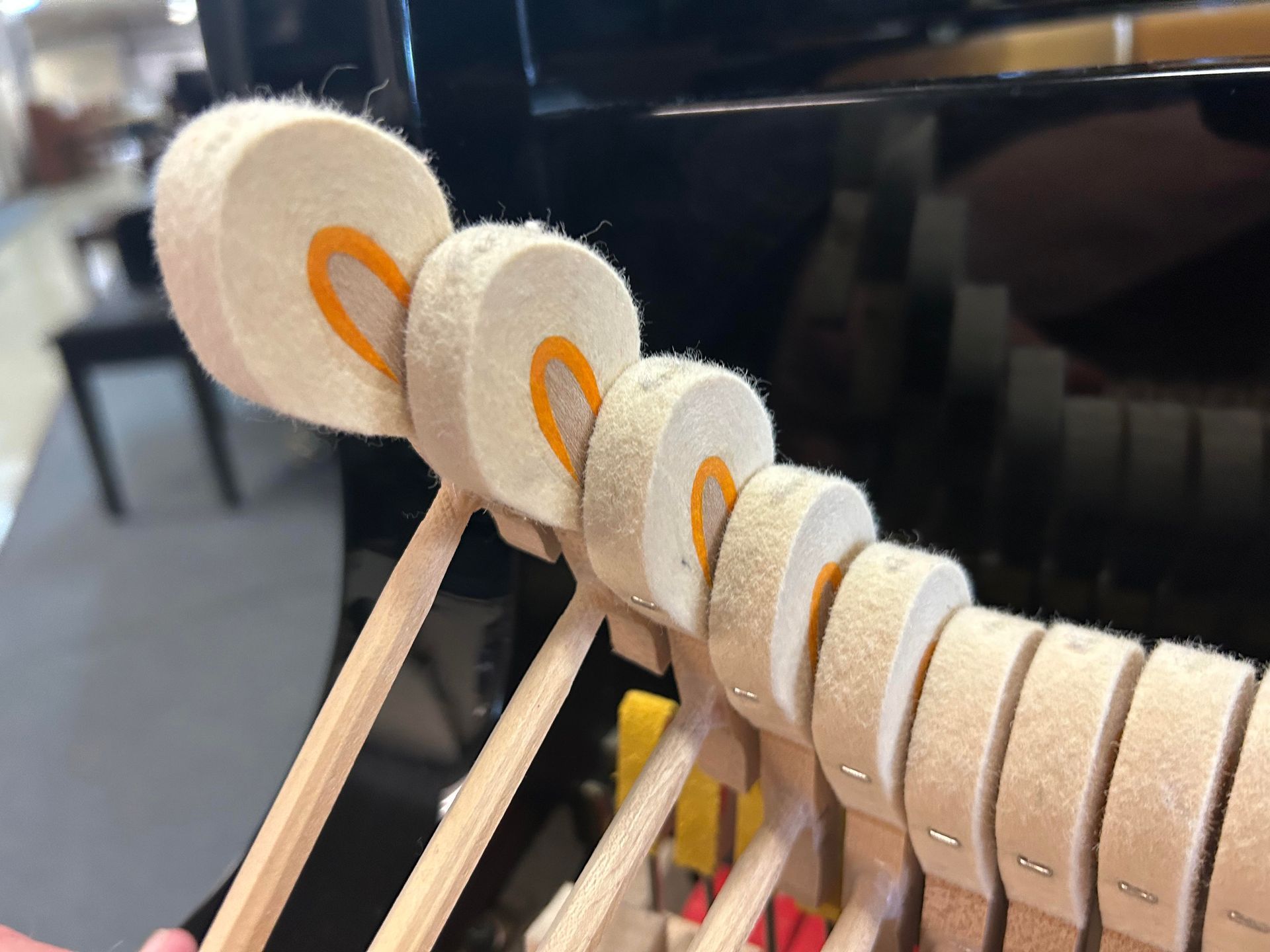 A person is holding a close up of a piano 's hammers