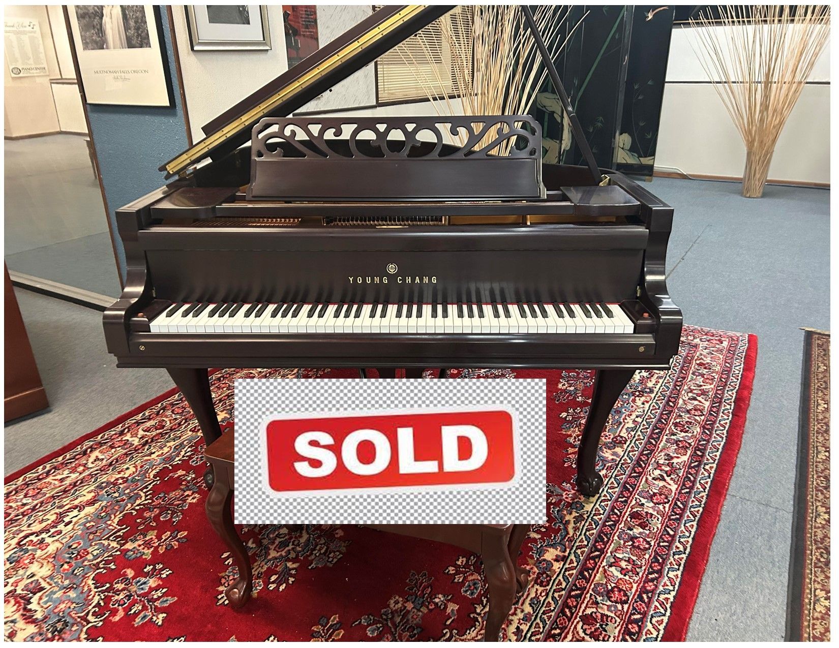 A grand piano is sitting on a rug in a room with the words video coming soon.