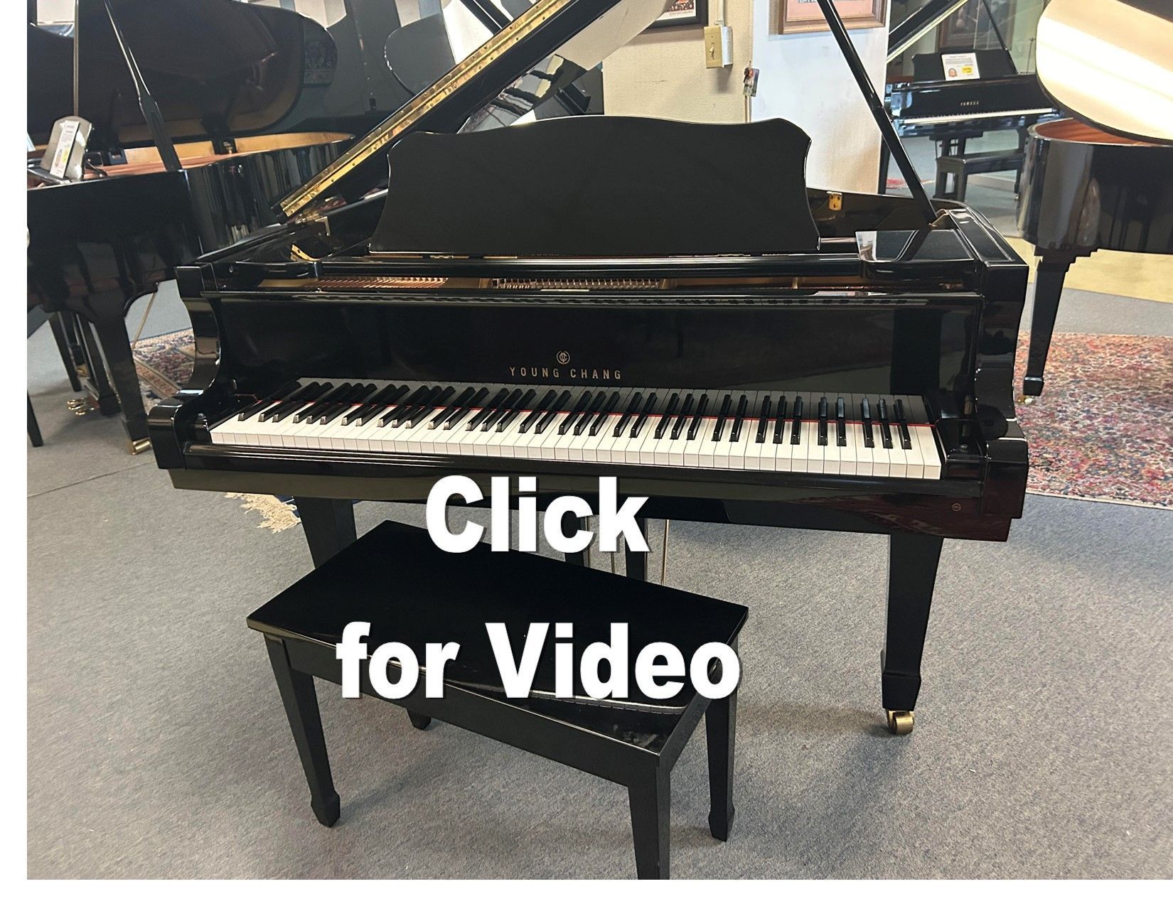 A black grand piano with a bench next to it and the words click for video below it
