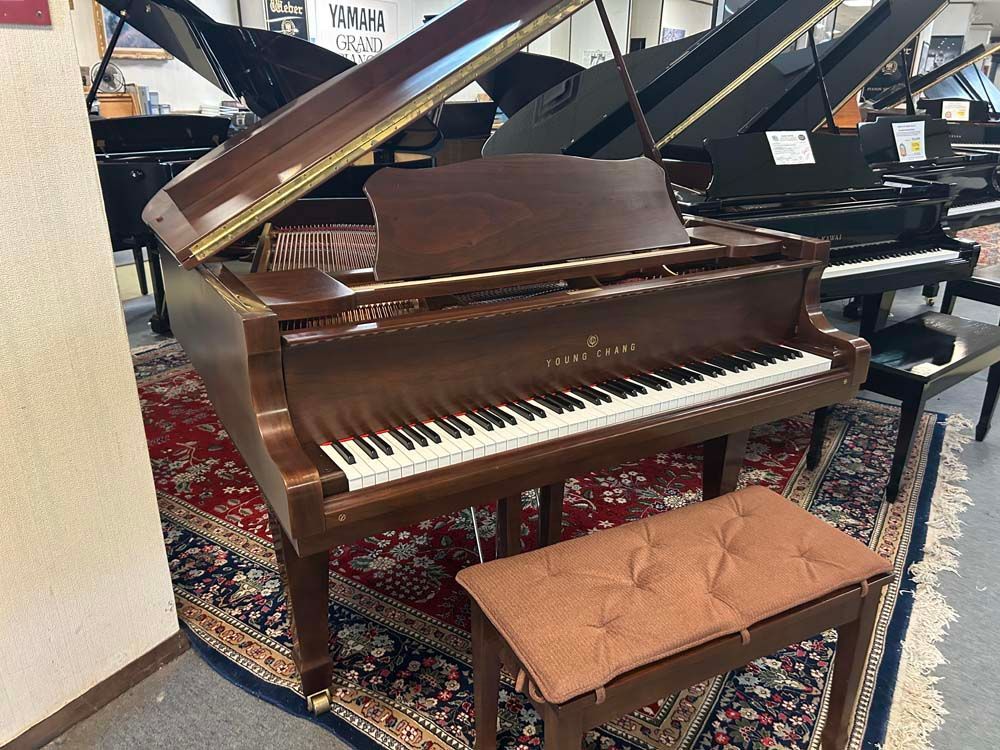 A grand piano is sitting on a rug next to a bench.
