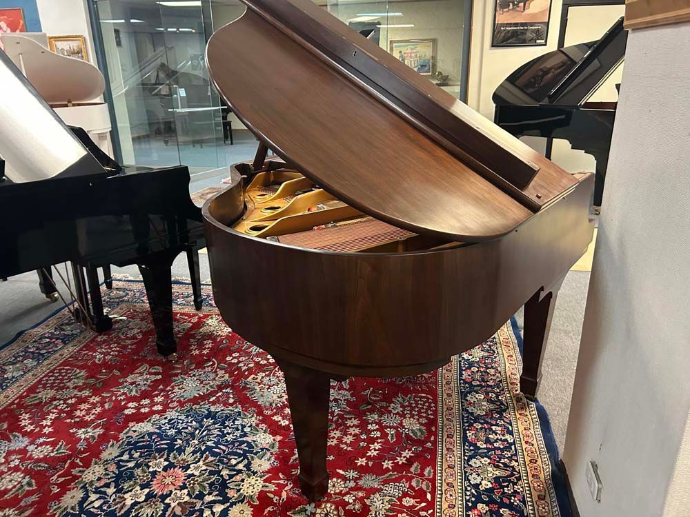 A piano with its lid open is sitting on a rug in a room.