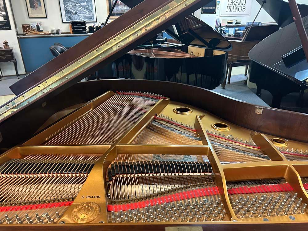 The inside of a grand piano is shown with the lid open.