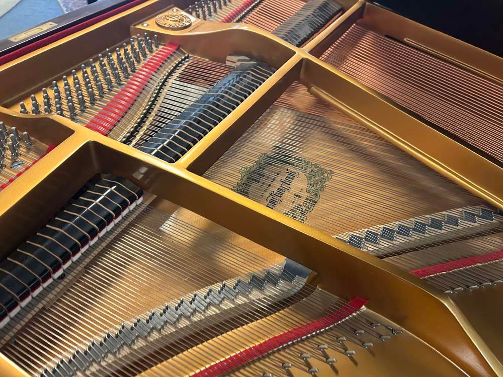 A close up of the inside of a grand piano