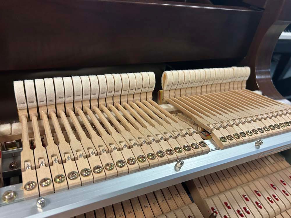 A close up of the inside of a piano.