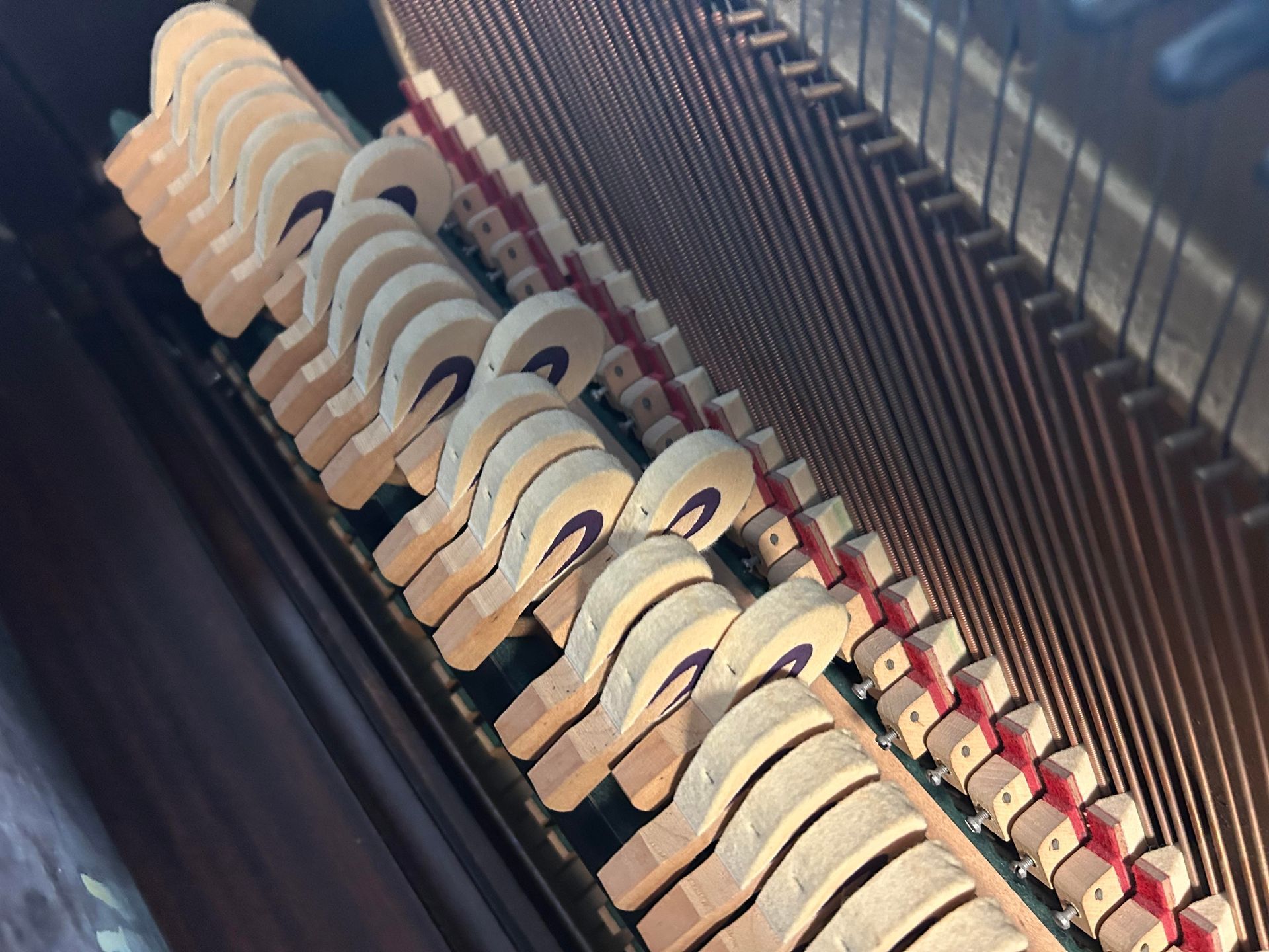 Internal view of a piano with hammers and strings, showing wooden and metal components.