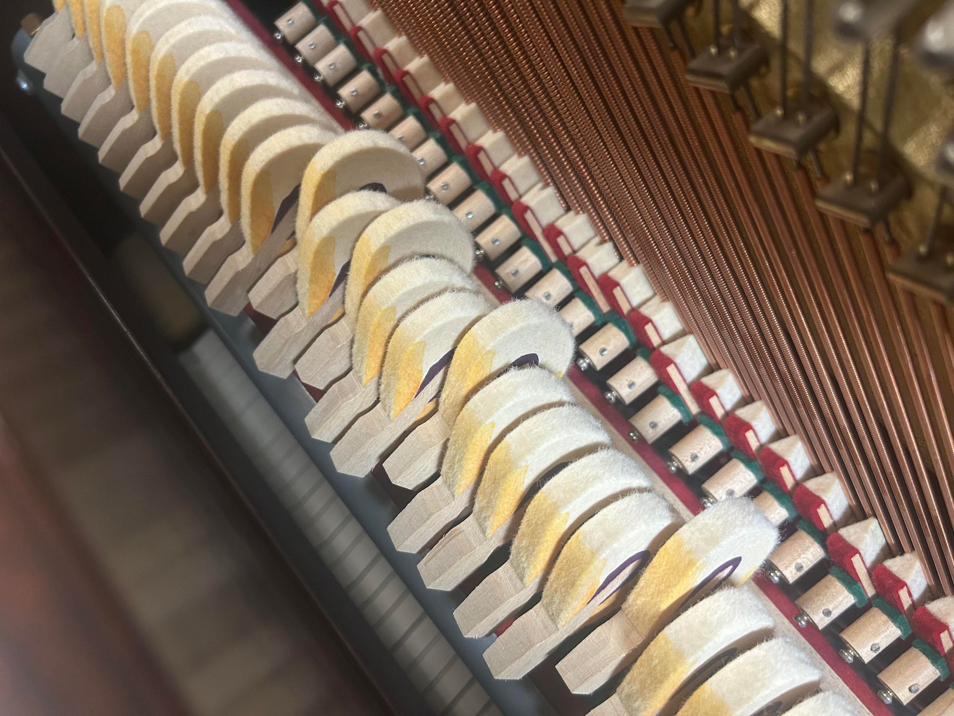 Piano hammers striking strings, close-up view. Wooden hammers in a row, bronze strings in the background.