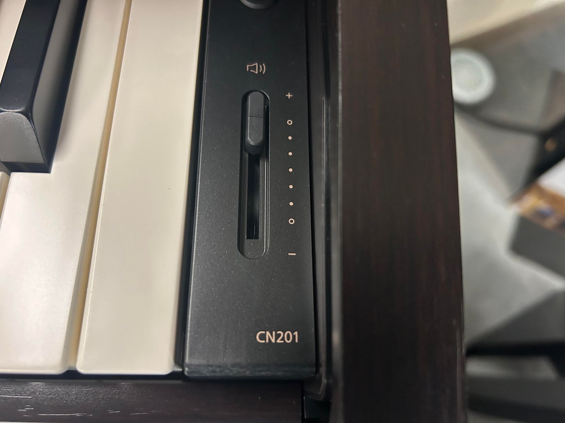 Close-up of a Kawai CN201 digital piano control panel with a channel slider and key labels.
