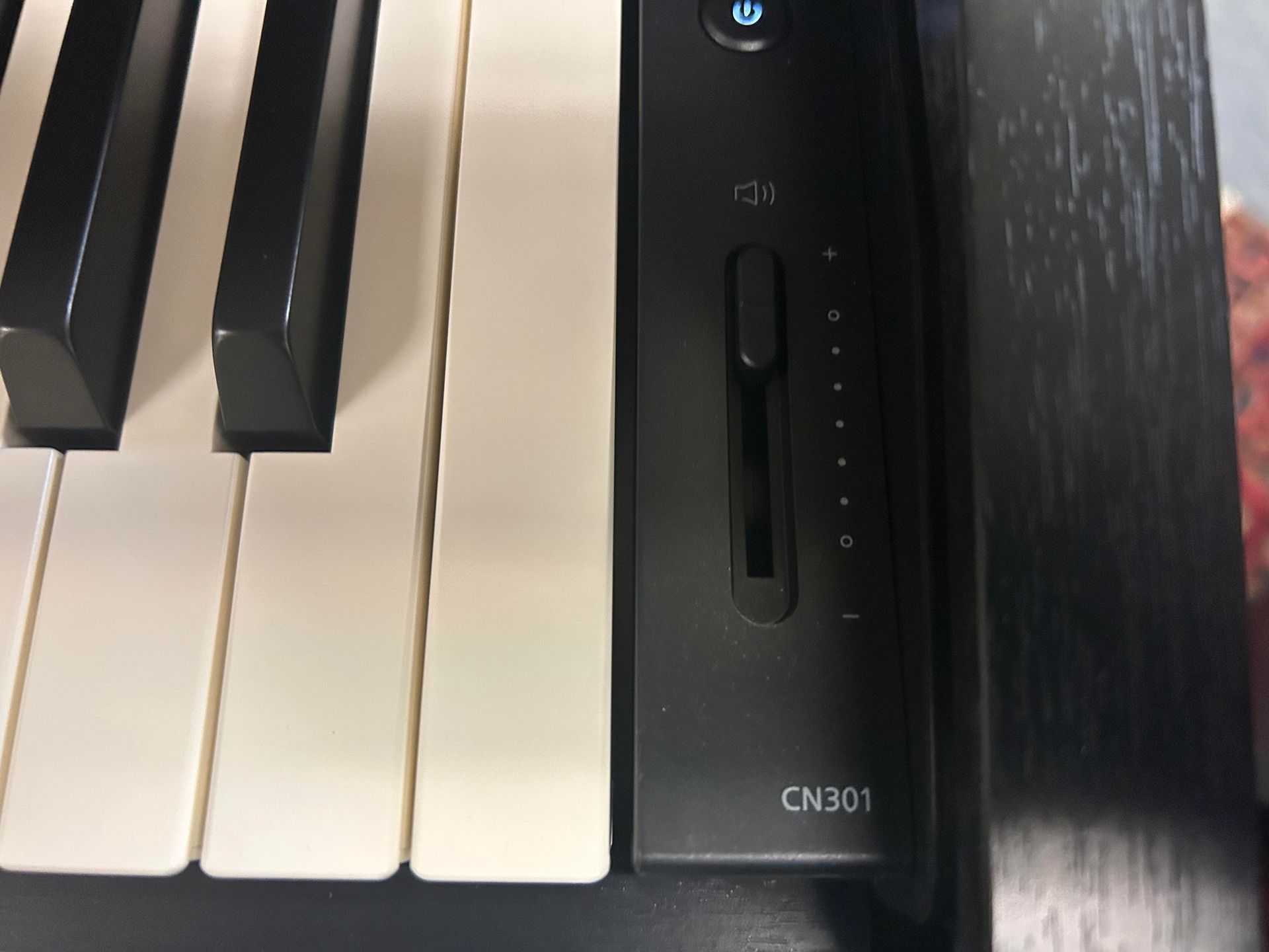 Piano keyboard with black and white keys, volume slider, and power button.