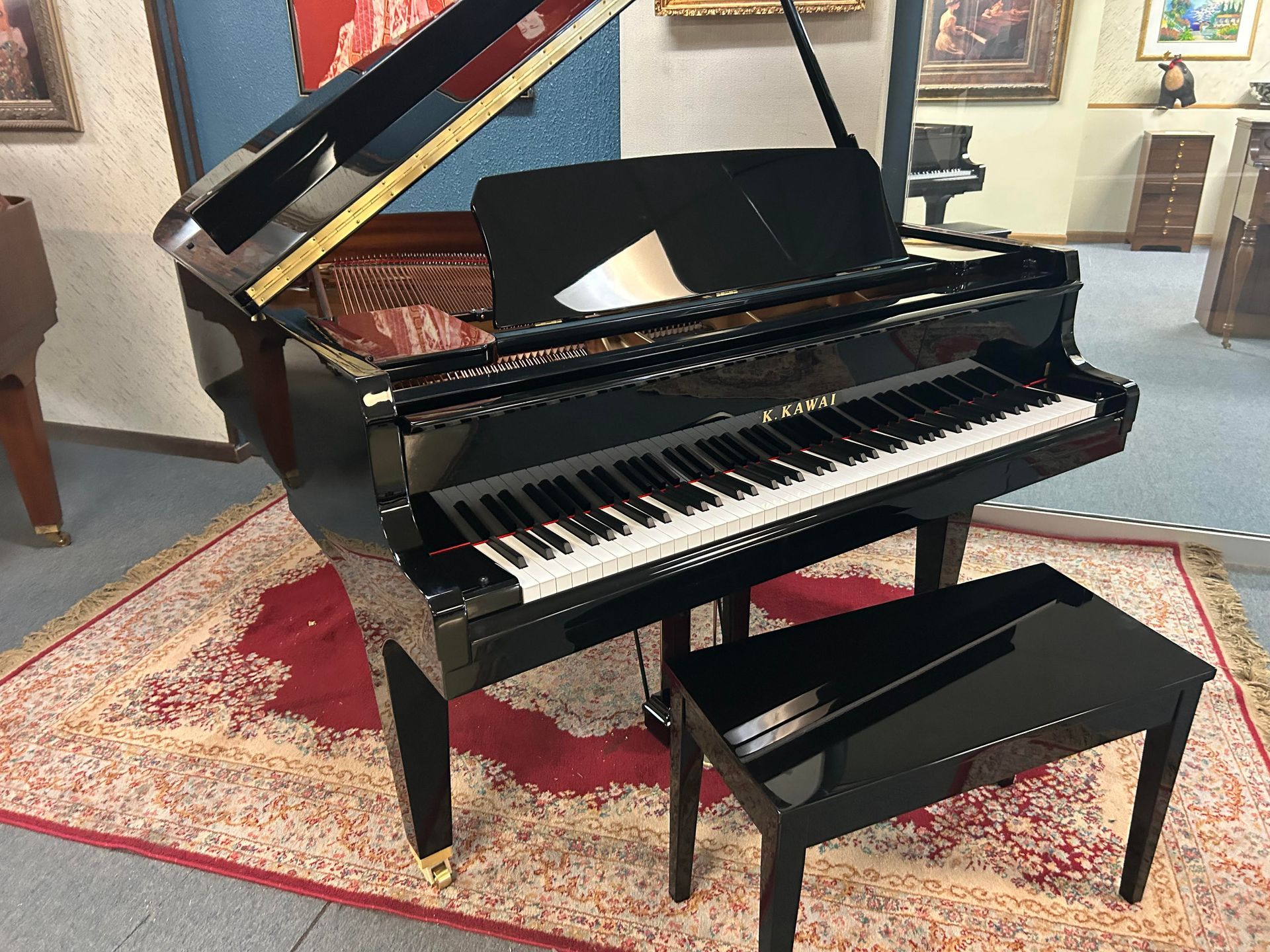 Black grand piano with bench on a patterned rug in a room with other furniture.