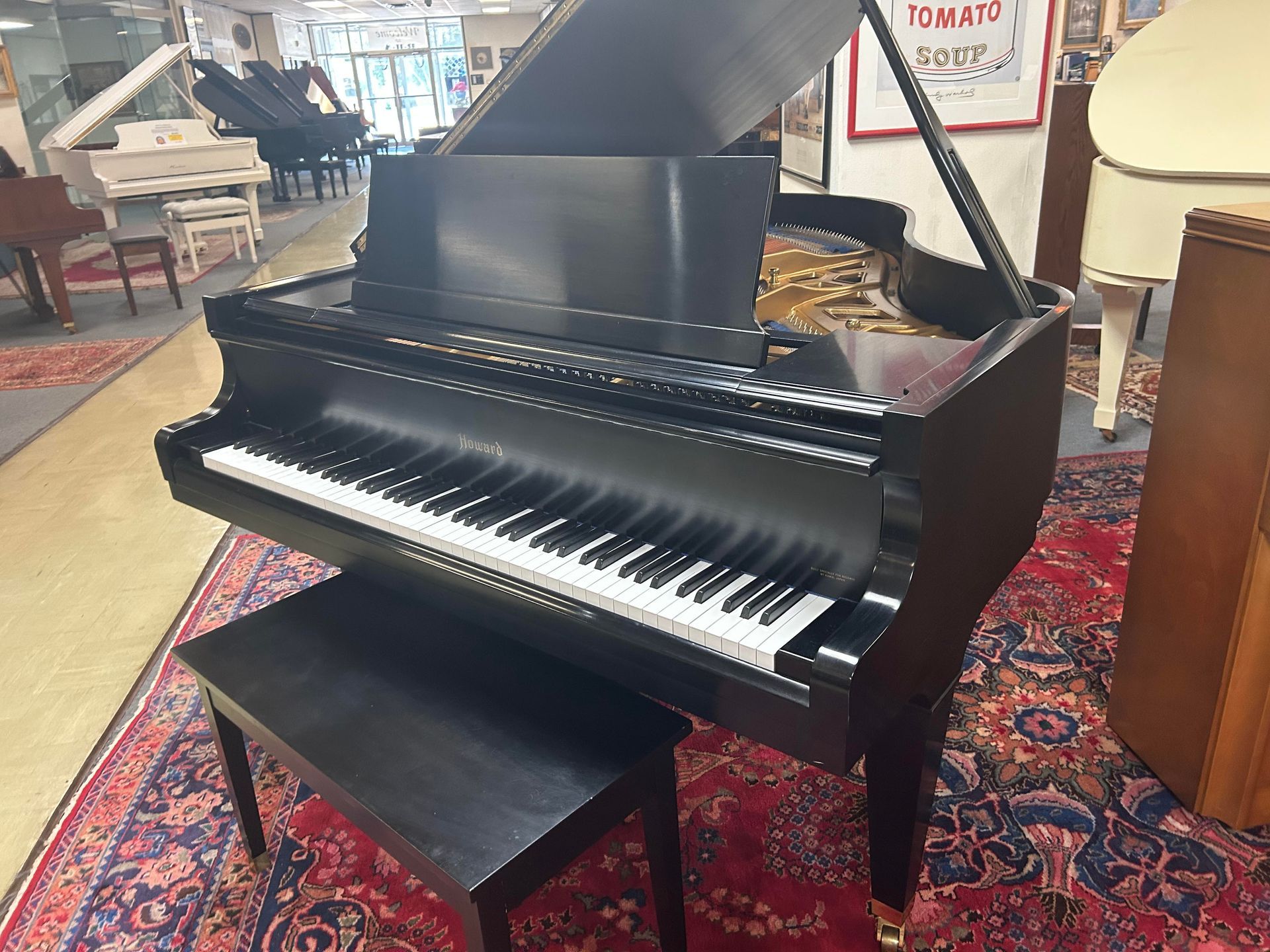 Black grand piano with matching bench on a patterned rug in a showroom. Another piano and furniture are visible in the background.