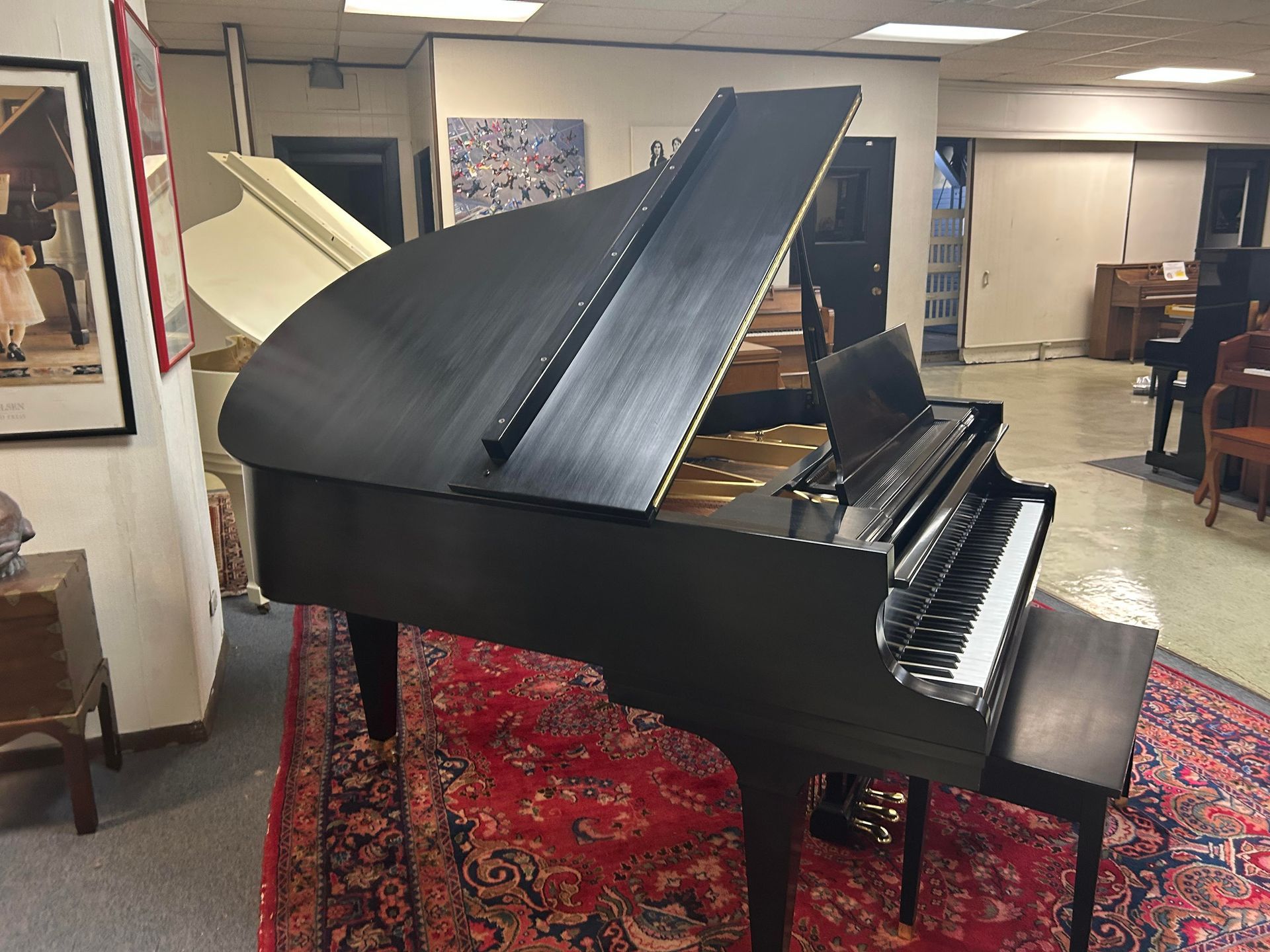 A black grand piano with the lid open, set on a red oriental rug in a showroom.