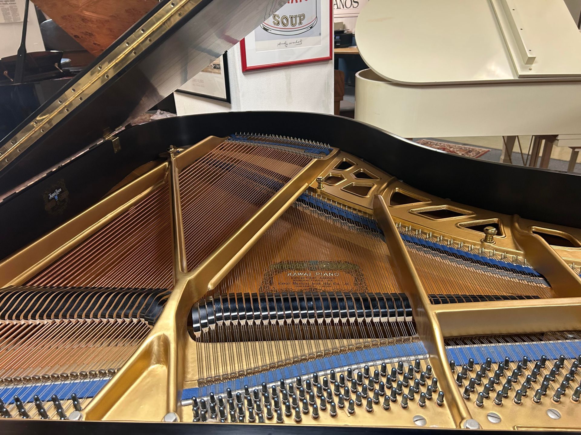 Inside of a grand piano showing strings, soundboard, and a second, white piano visible in the background.