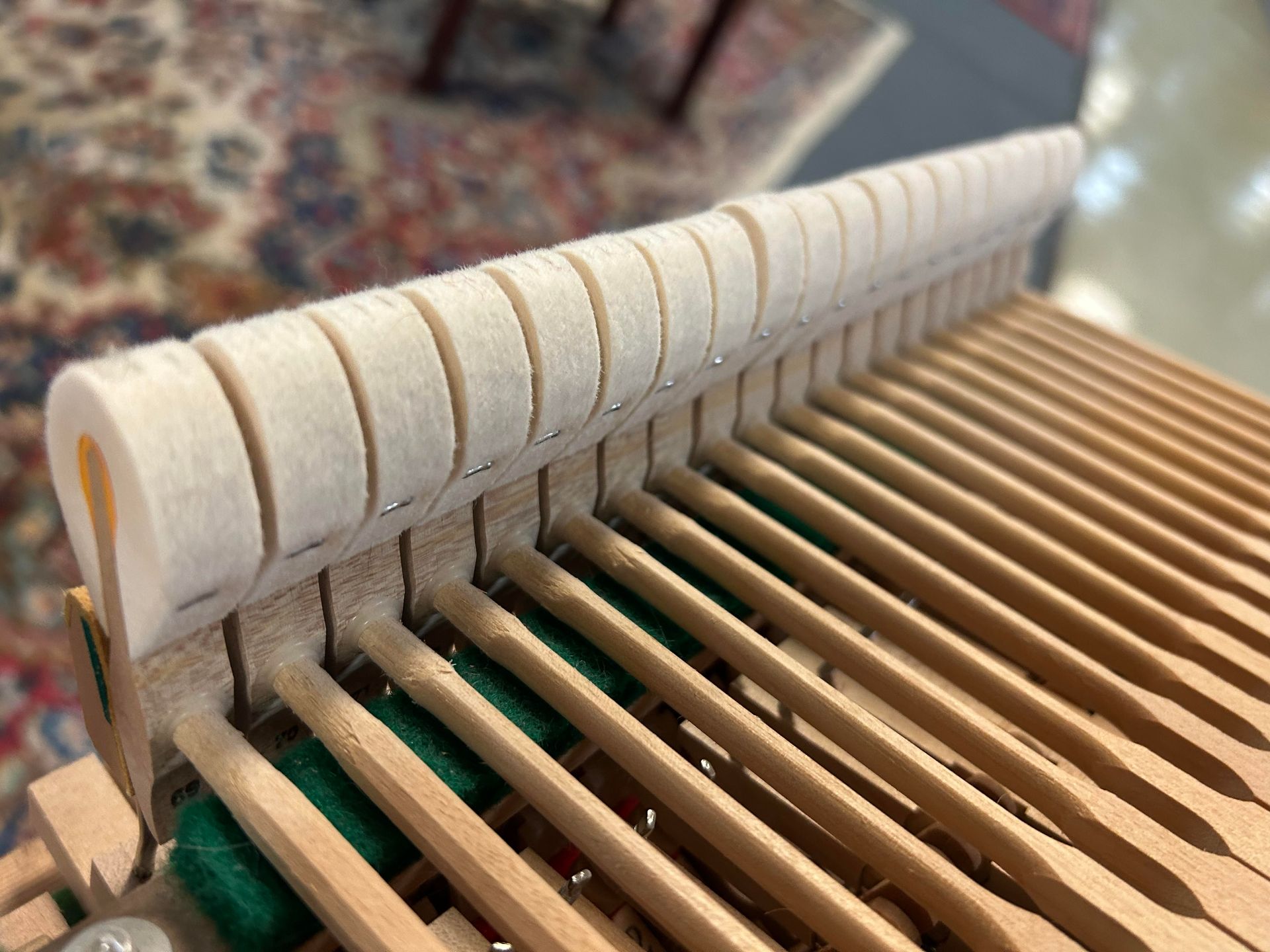 A close up of the inside of a piano.