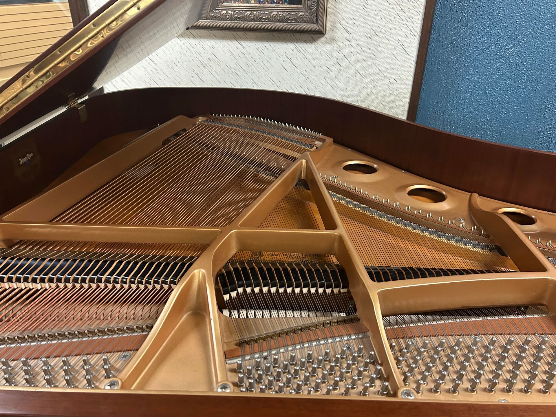 A close up of the inside of a grand piano