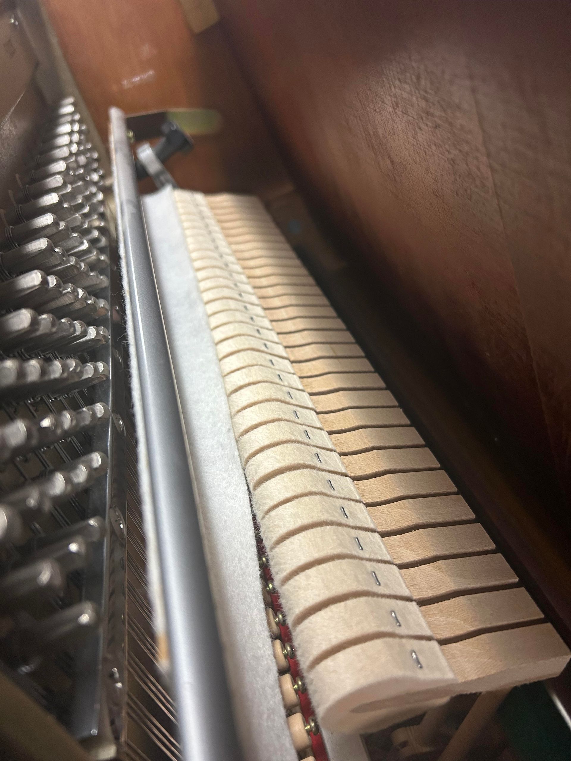 Inside a piano, close-up view of hammers and strings. Wooden hammers with felt strike strings.