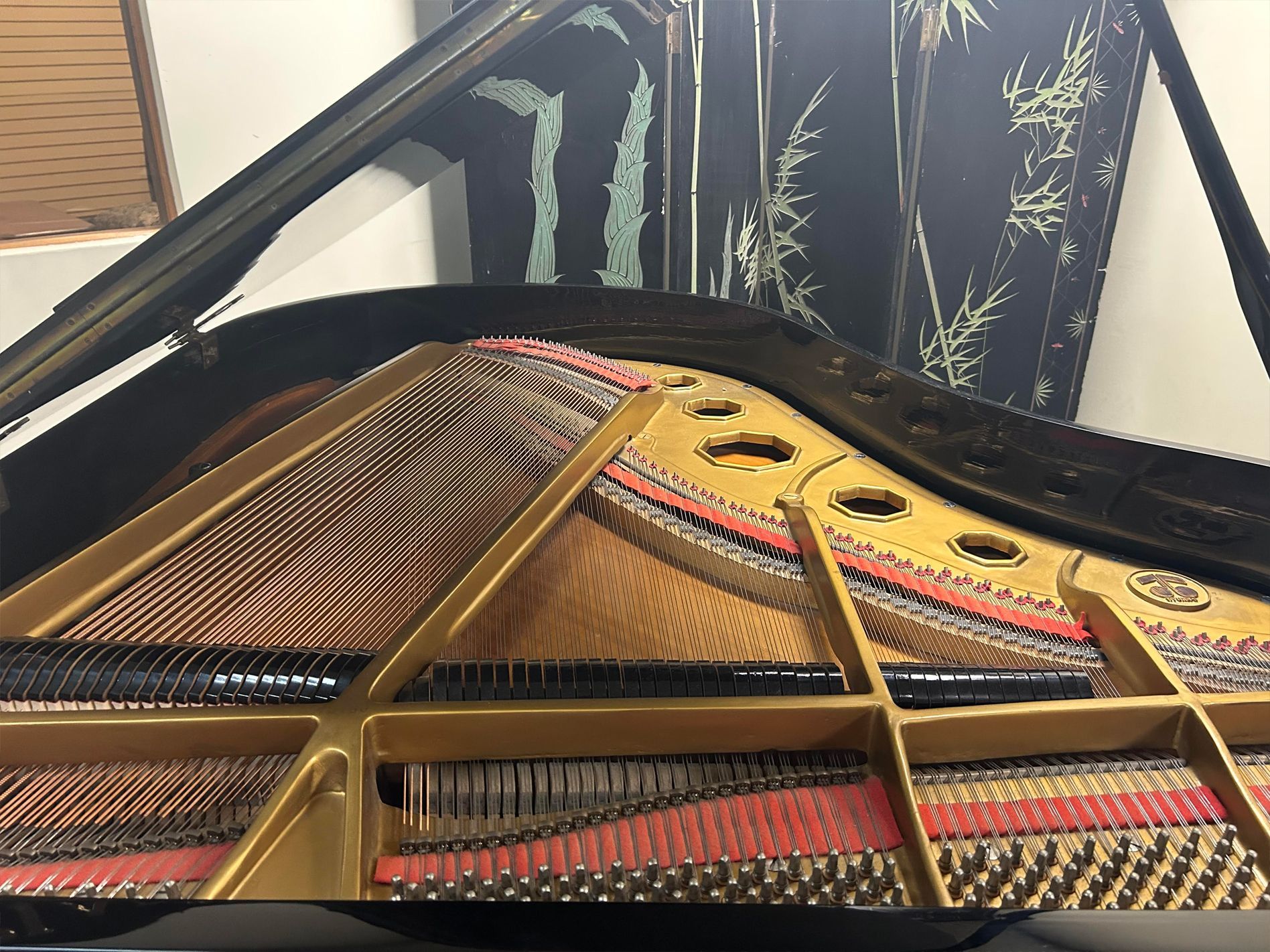 Grand piano interior, strings and soundboard visible, gold and brown tones.