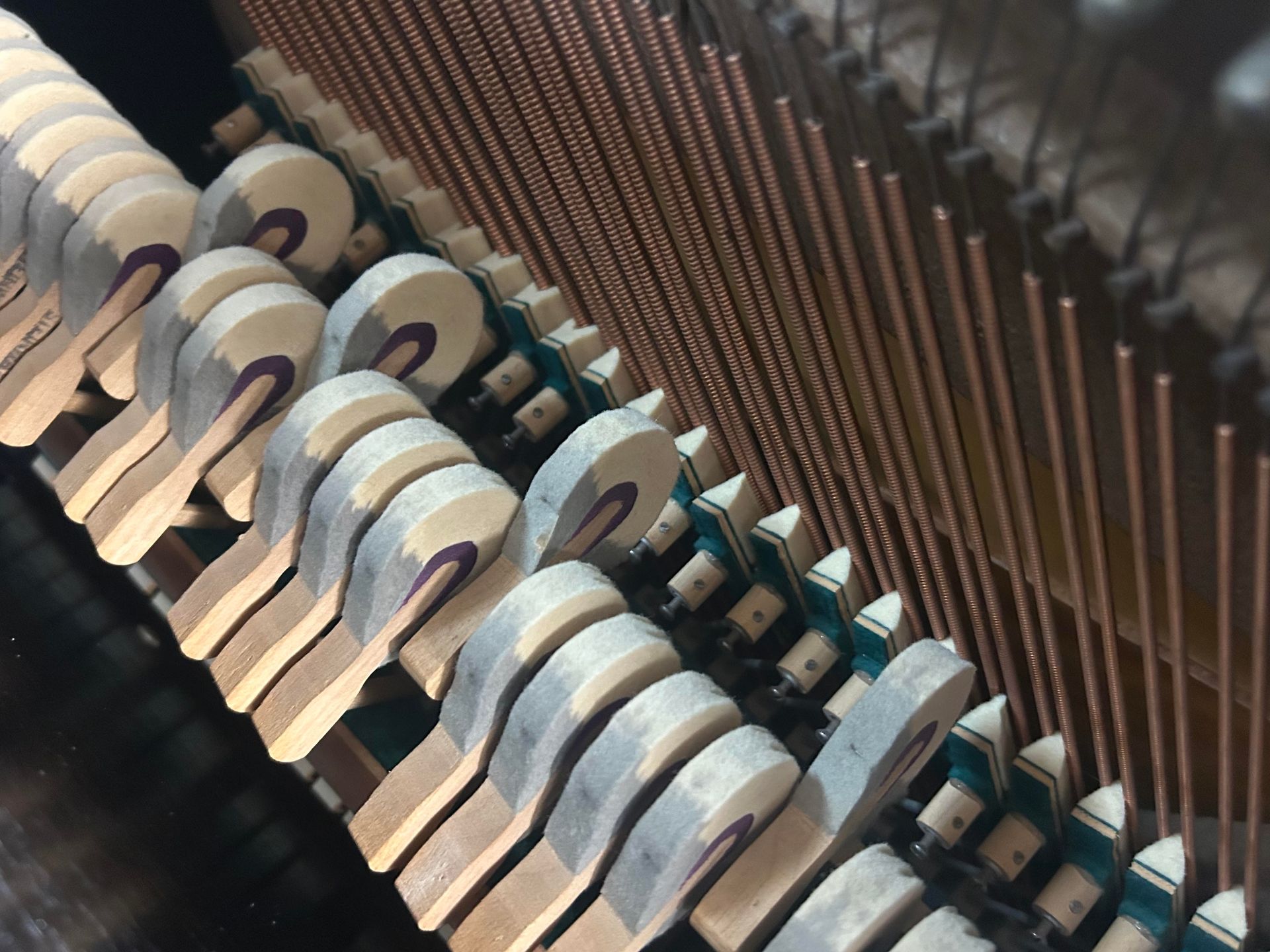 Piano hammers and strings, with wood and copper components visible.