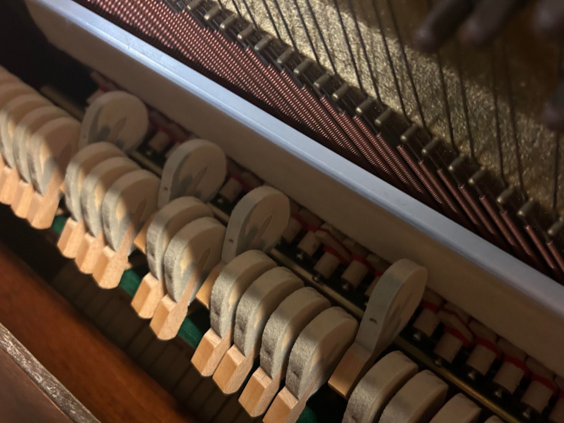 A close up of the inside of a piano.