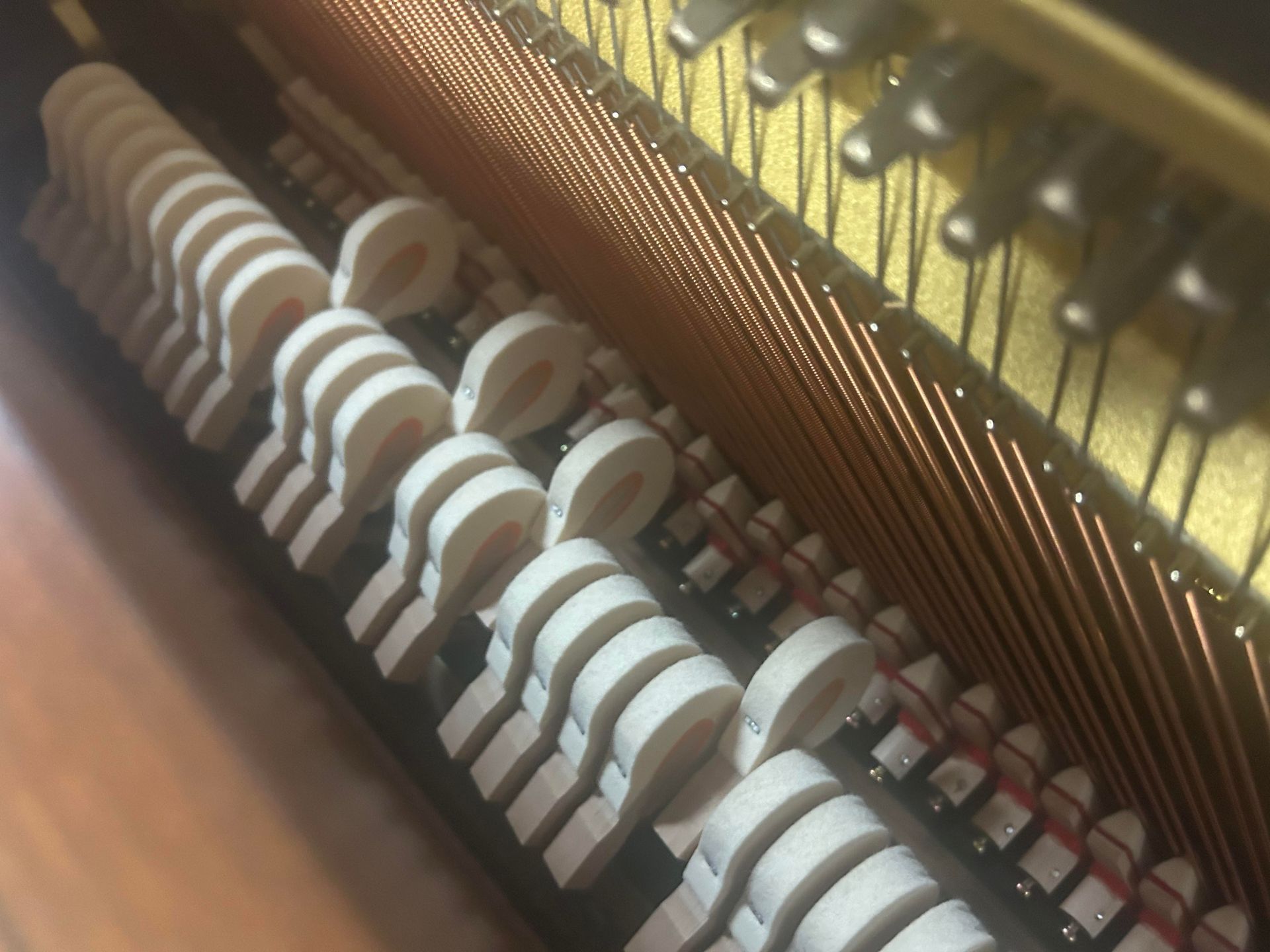 A close up of the inside of a piano