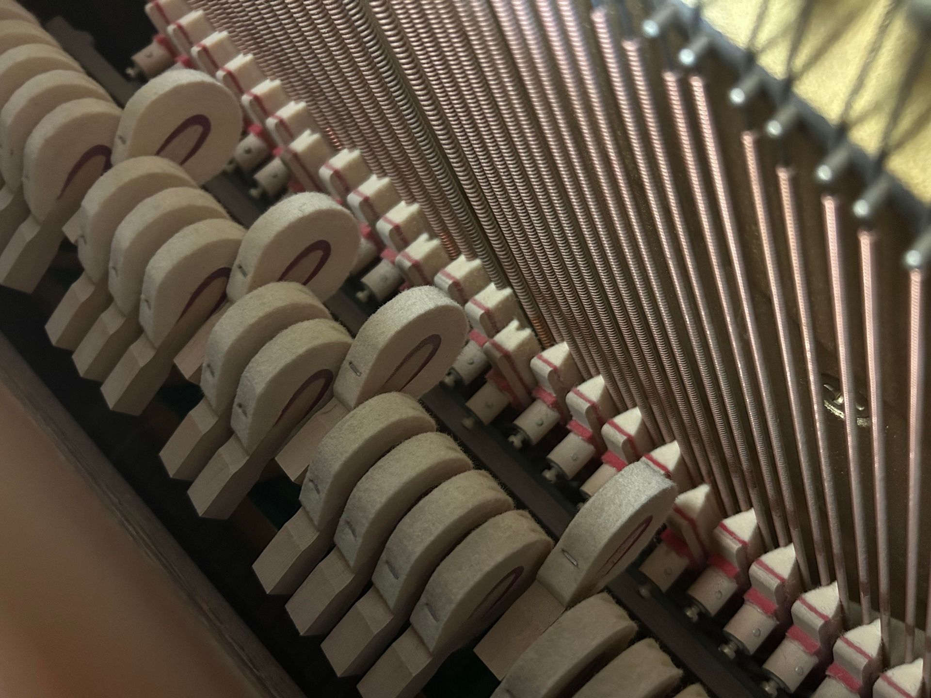 Piano hammers striking strings, close-up view, showing felt heads and copper strings.