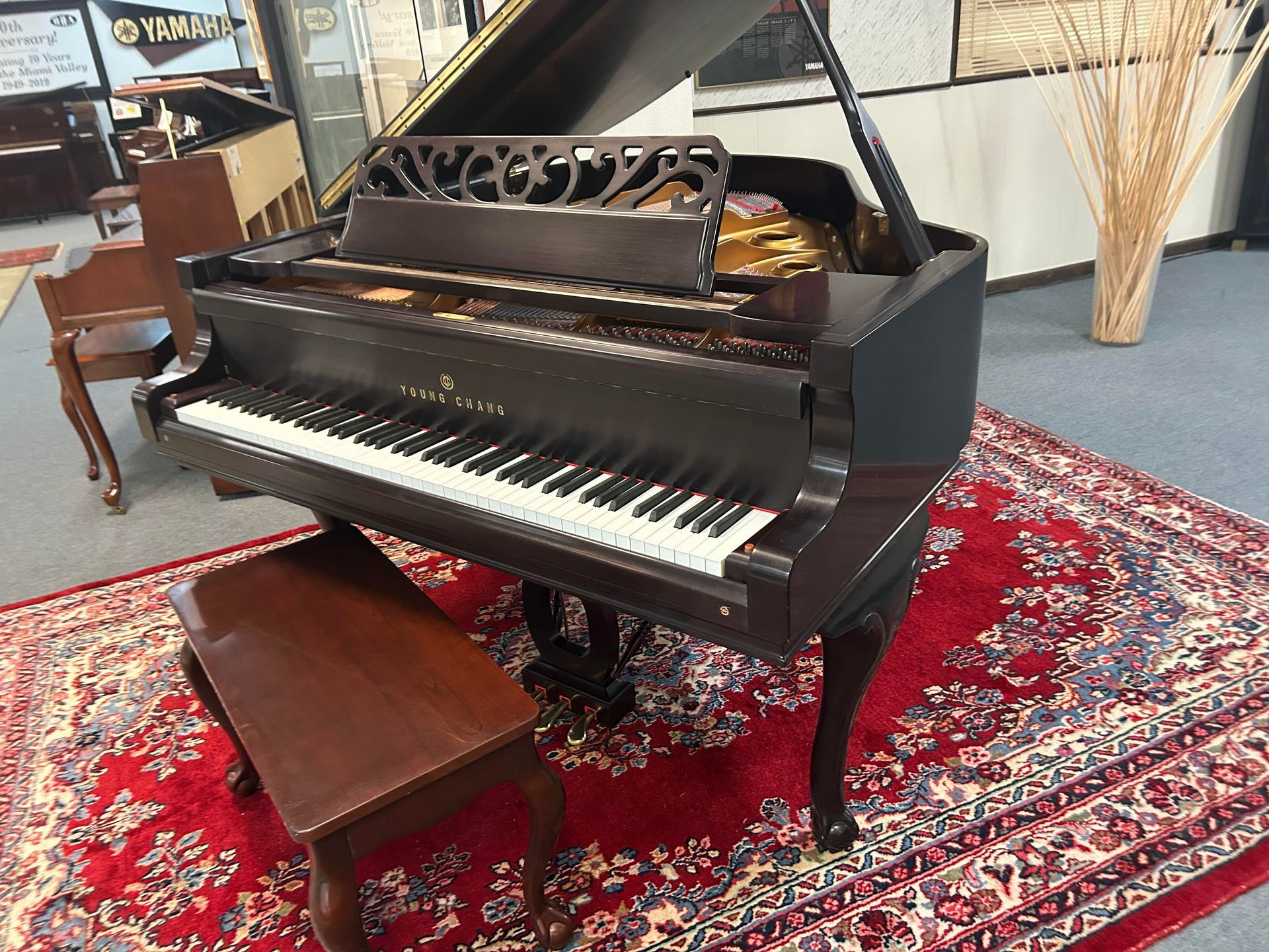 A grand piano is sitting on a rug in a room.