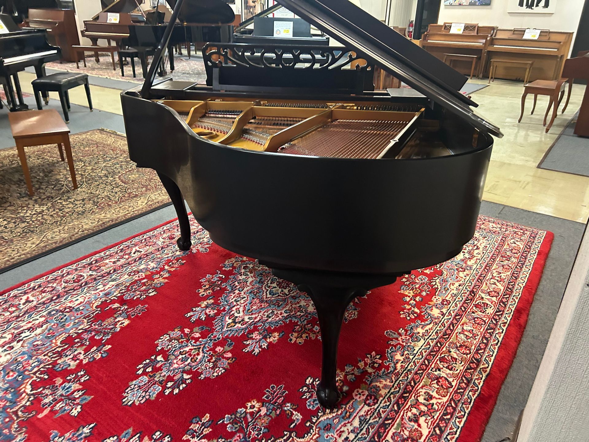A black grand piano is sitting on a red rug.