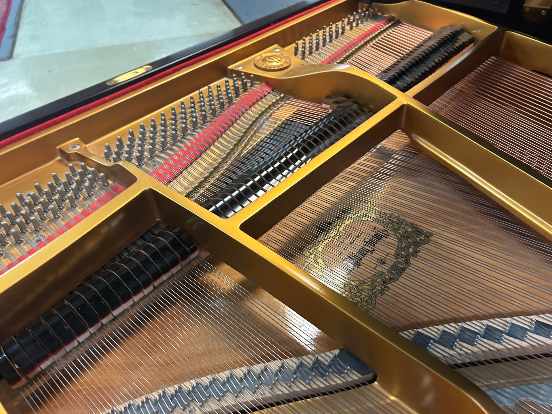 A close up of the inside of a grand piano.