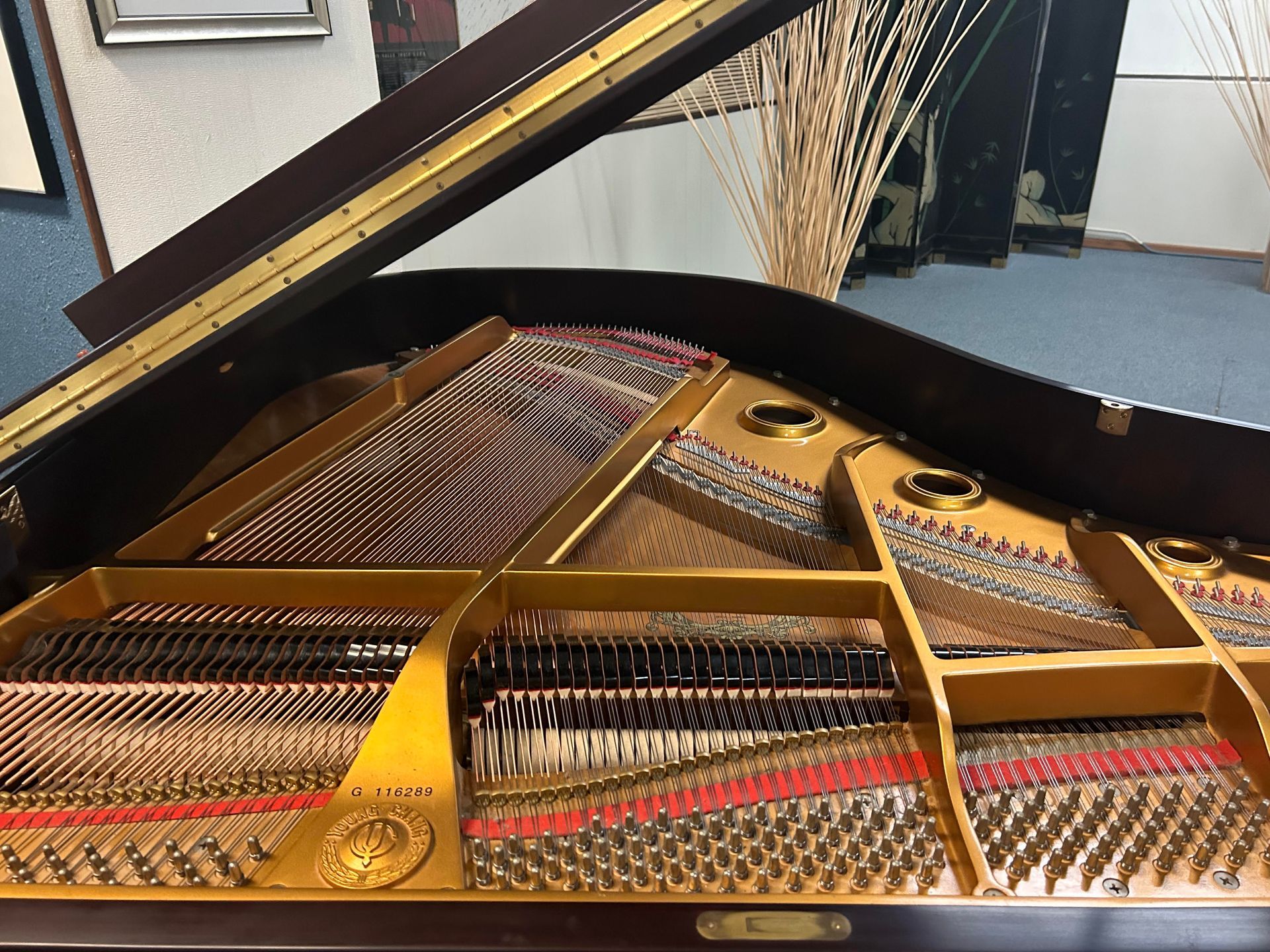 The inside of a grand piano with the lid open.