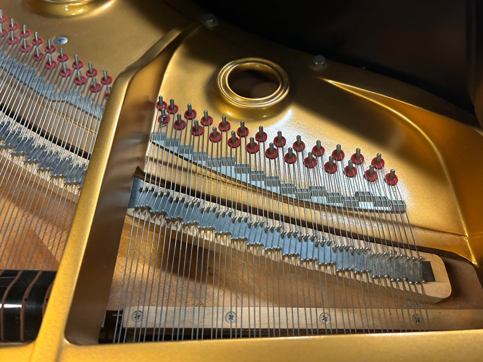 A close up of the inside of a grand piano.