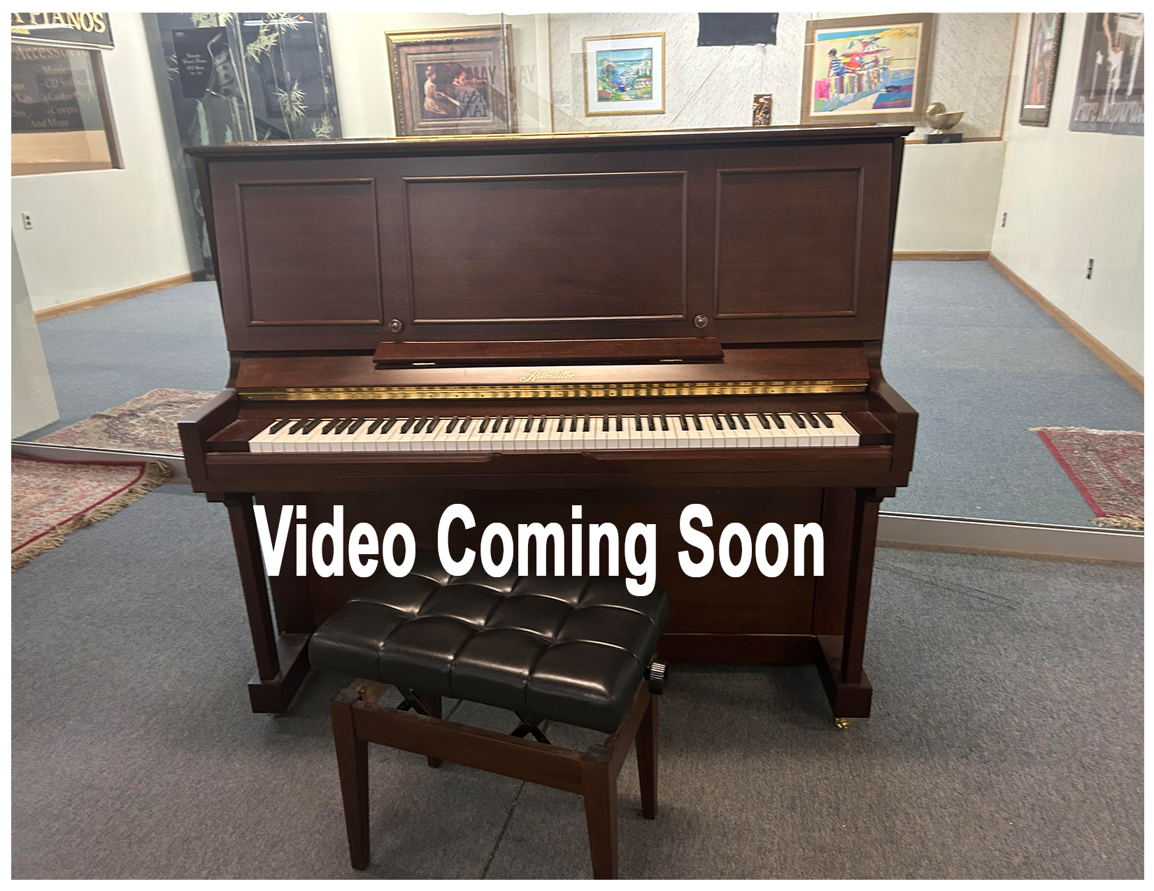 Upright piano with bench in room,