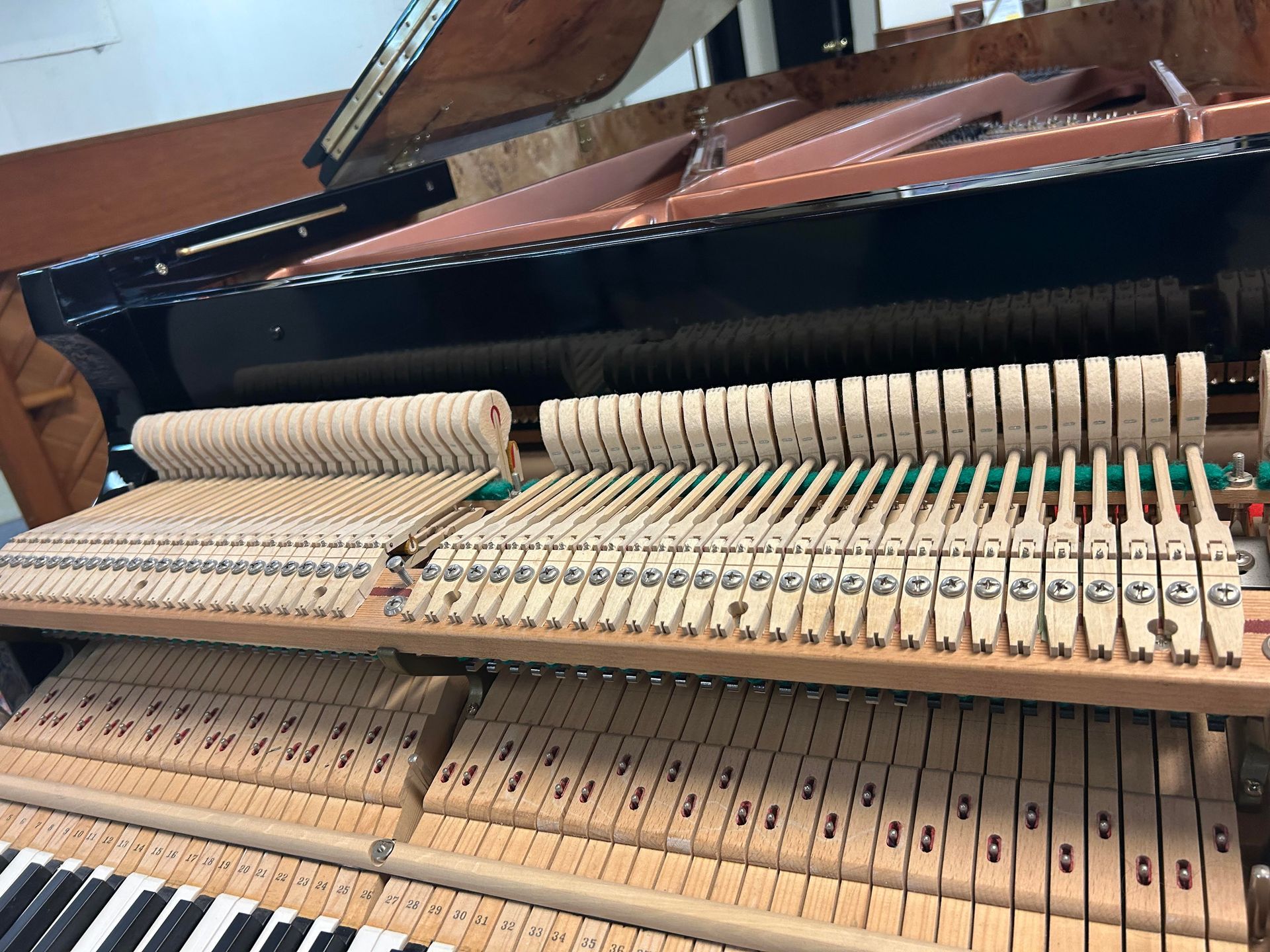 Internal mechanism of a grand piano, showing hammers and strings. Wooden frame, black and white keys.