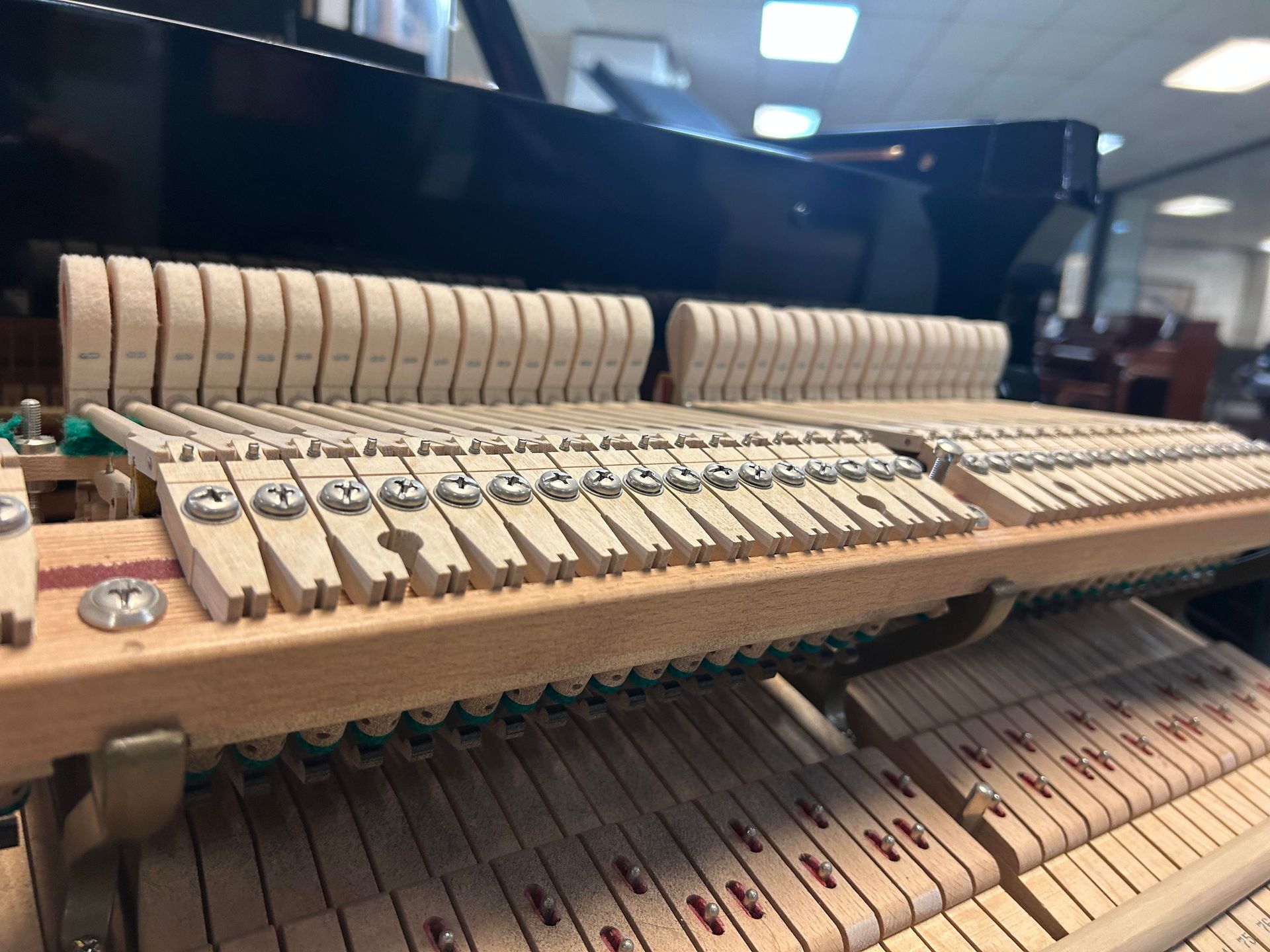 Interior view of a piano with hammers and strings visible, showing the mechanics of the instrument. Wooden parts and metal screws are prominent.