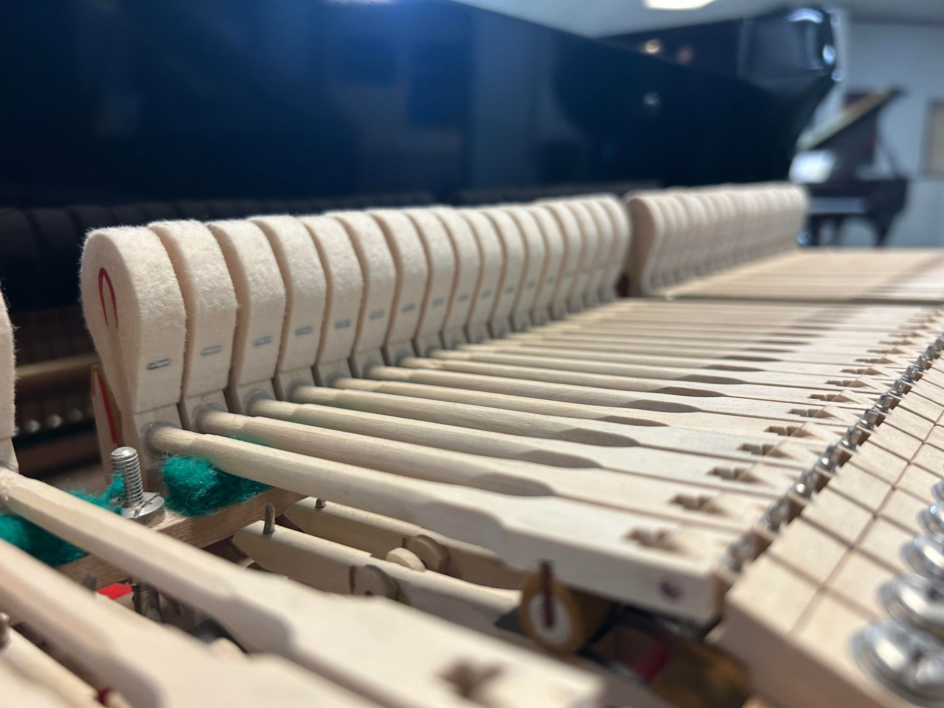 Close-up of a piano's internal mechanism. The hammers are lined up, with felt heads ready to strike the strings.