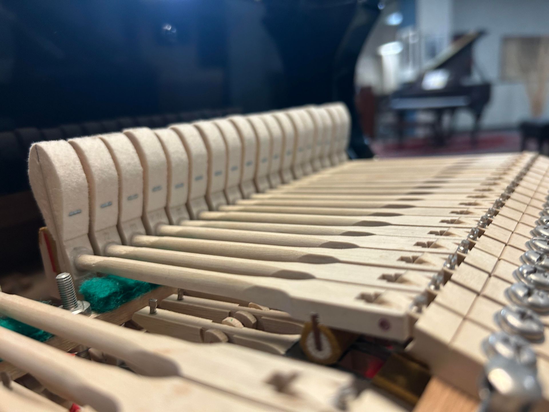 Close-up of piano hammers in a piano, focused on the wooden levers and felt. Another piano is blurred in the background.