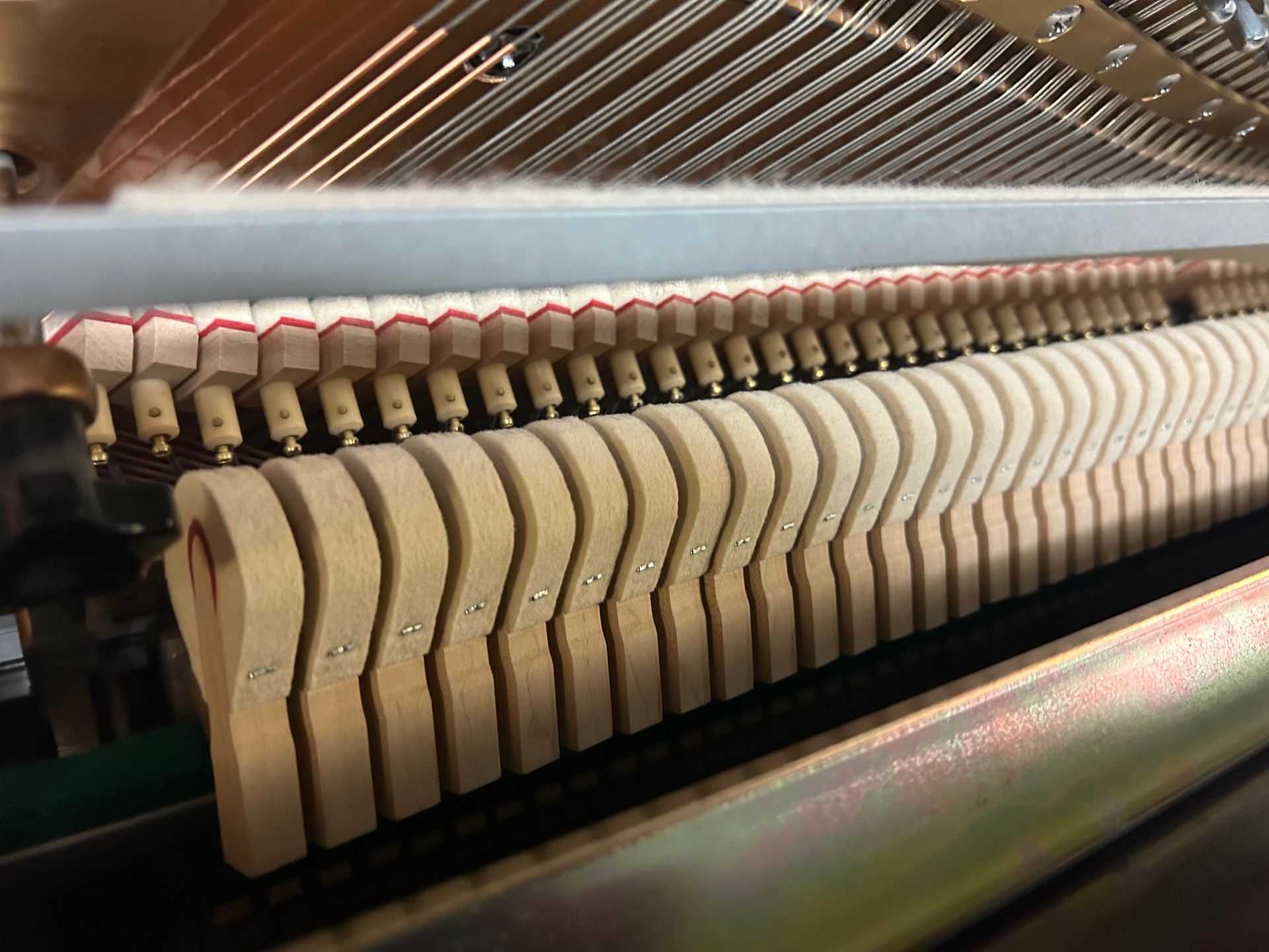 Close-up of a piano's inner workings, showcasing the hammers and strings. The hammers are light brown, striking the many silver-toned strings.