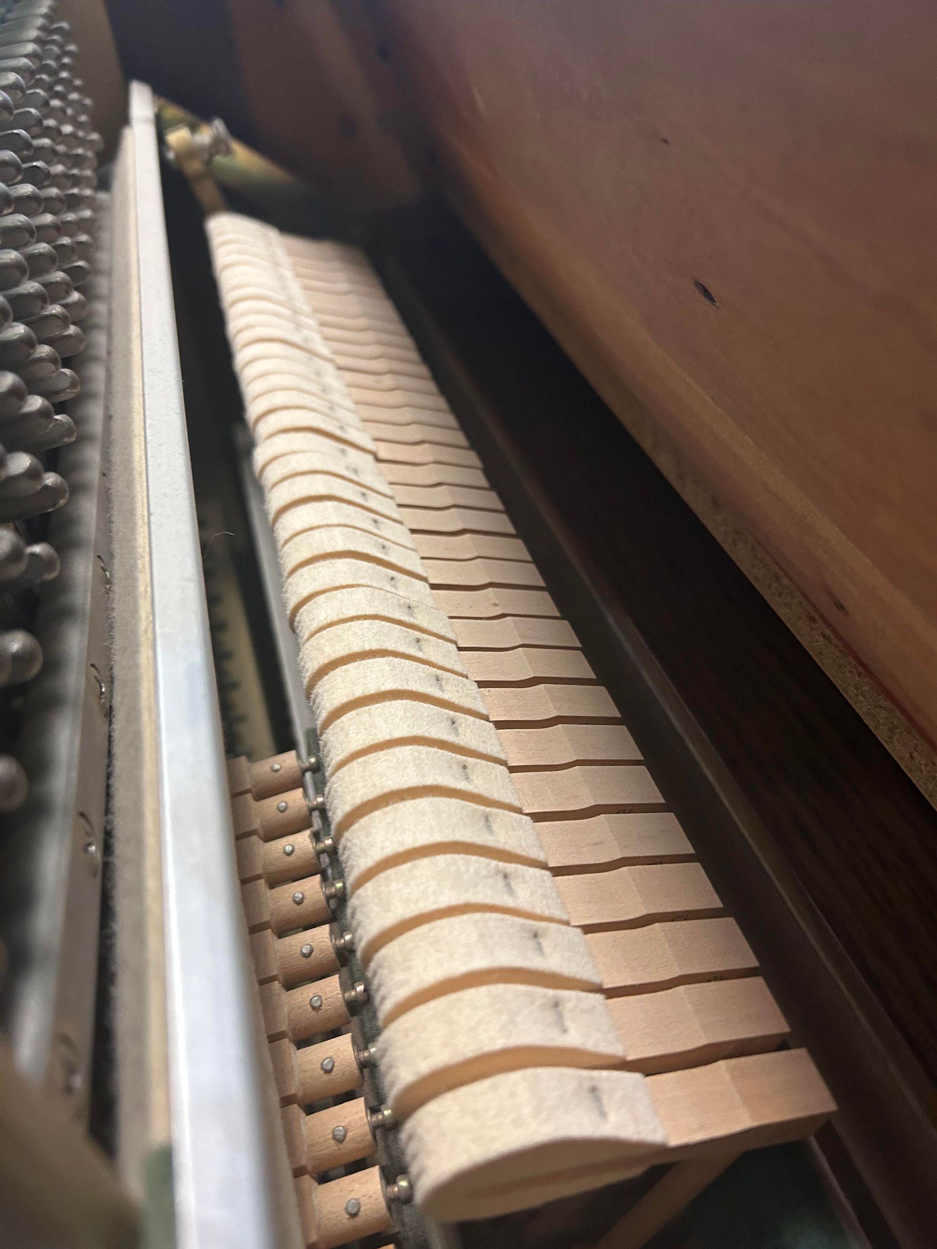 A close-up of piano hammers inside an upright piano. Wooden hammers are arranged in a row, angled slightly upwards.