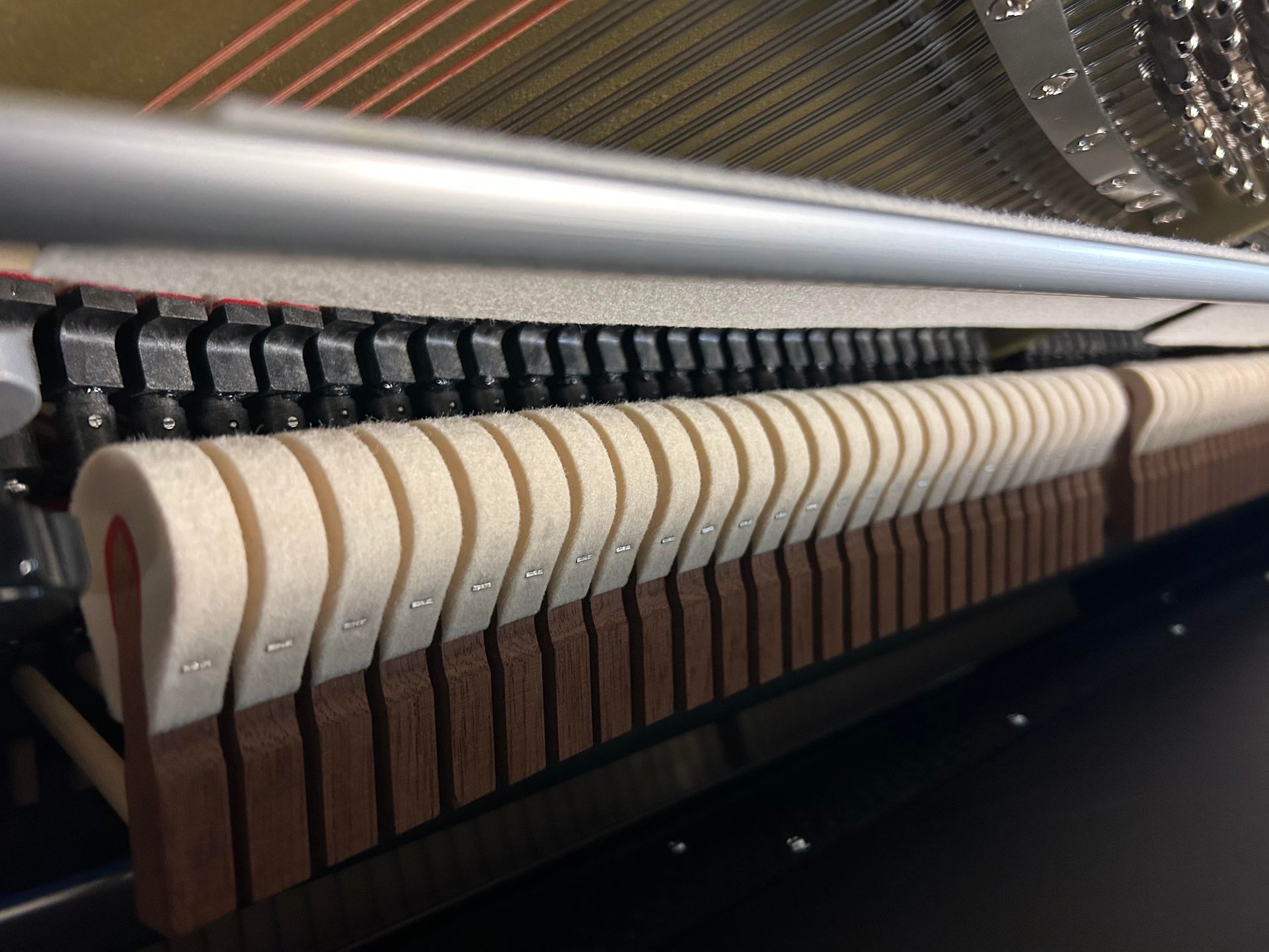 Close-up of piano hammers covered in felt striking strings.