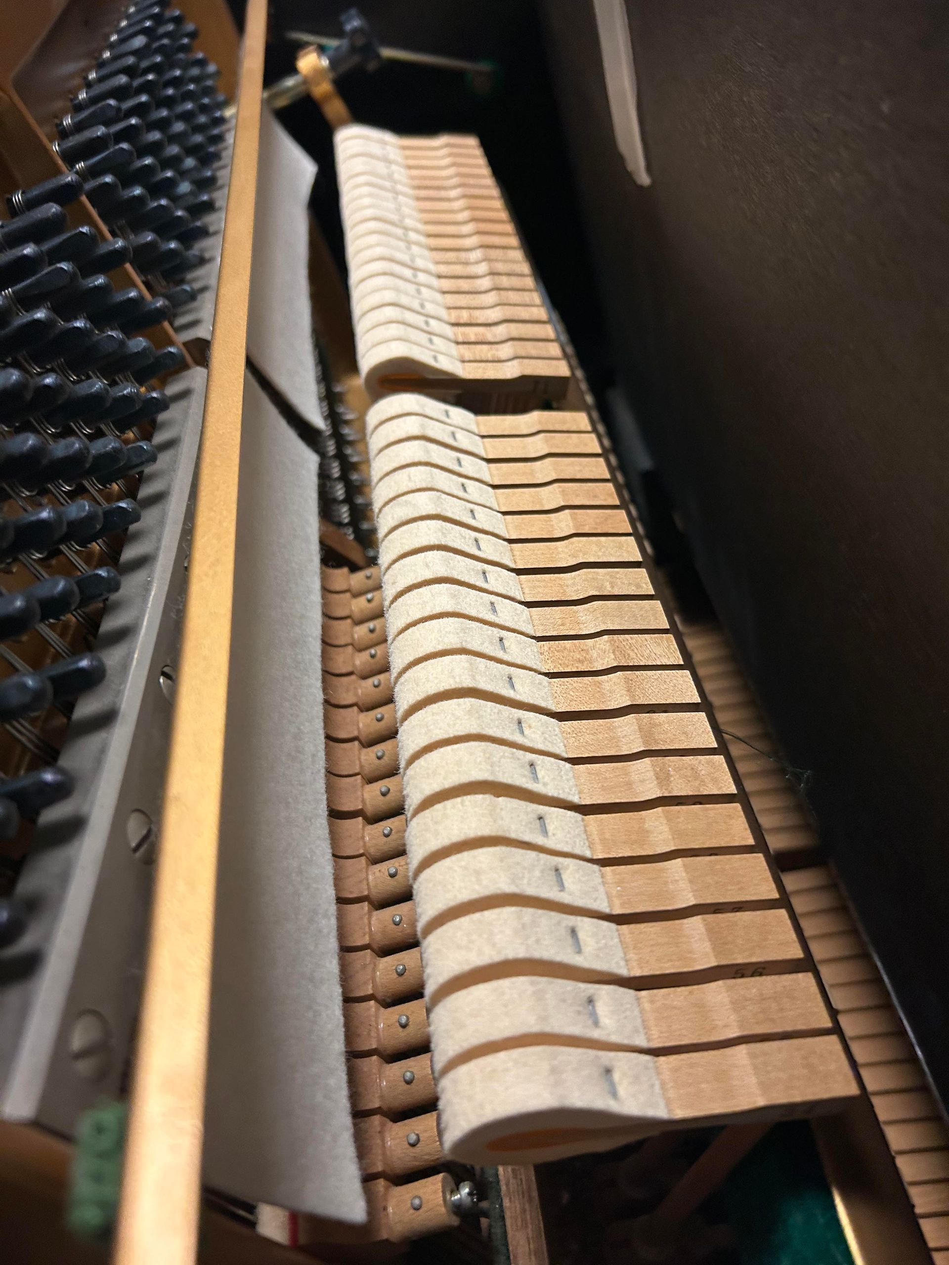 A close up of the inside of a piano keyboard.