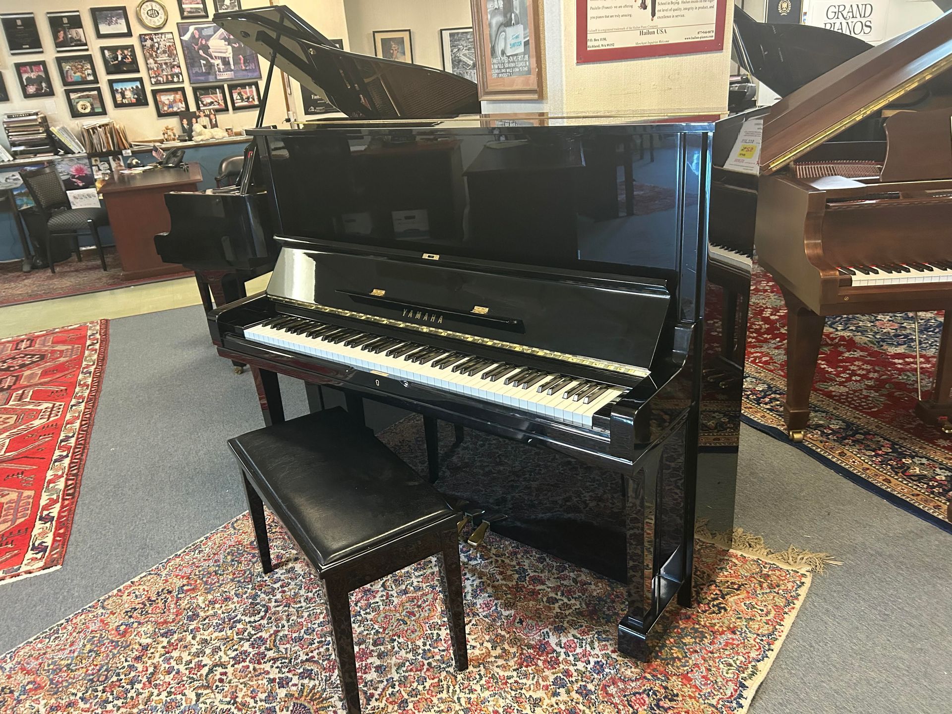 A piano is sitting on a rug in a room with other pianos.