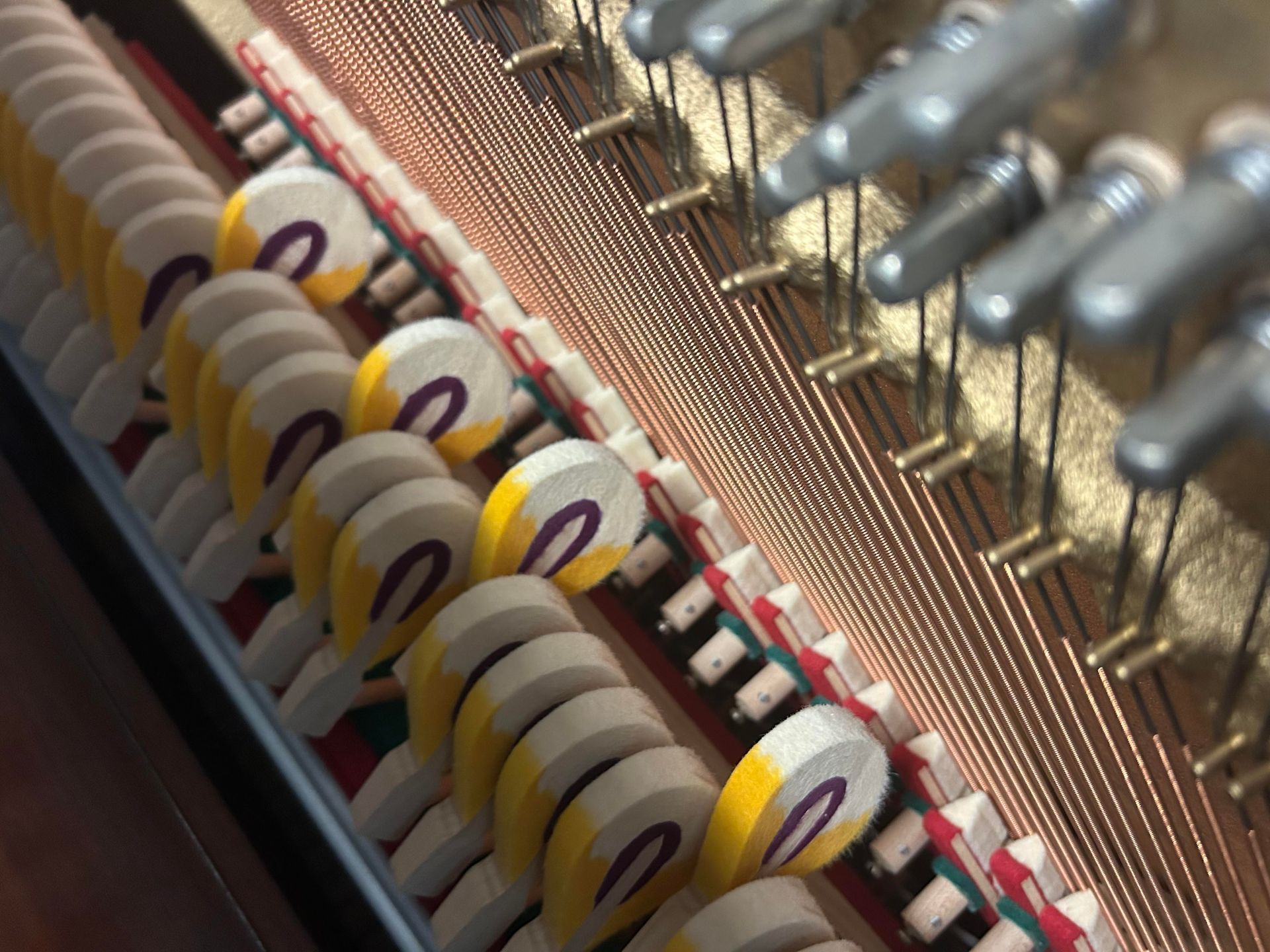 Close-up of piano hammers striking strings. Yellow and white felt hammers with purple accents.