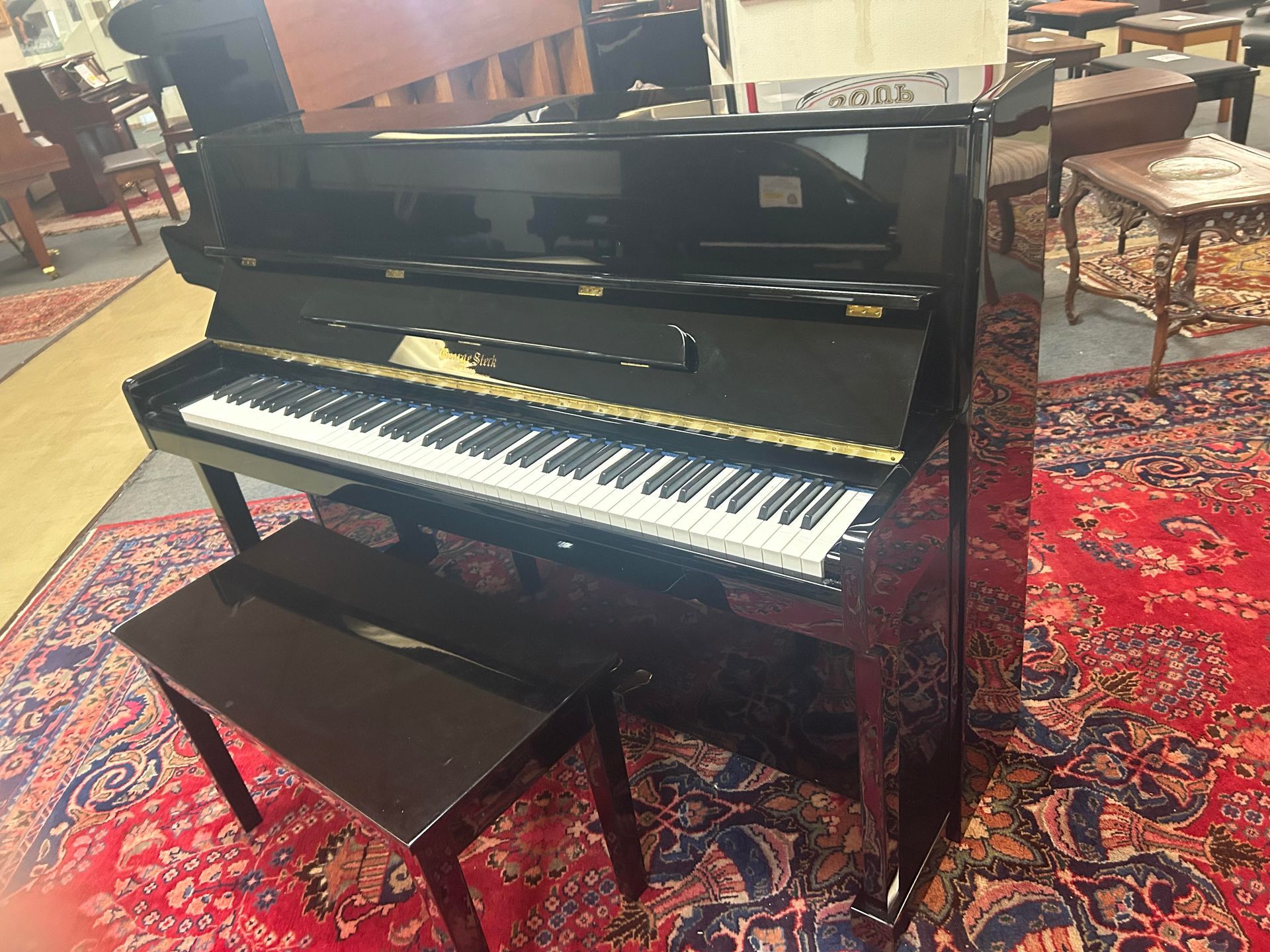 A polished black upright piano with a matching bench sits on a patterned red and blue rug in a showroom.