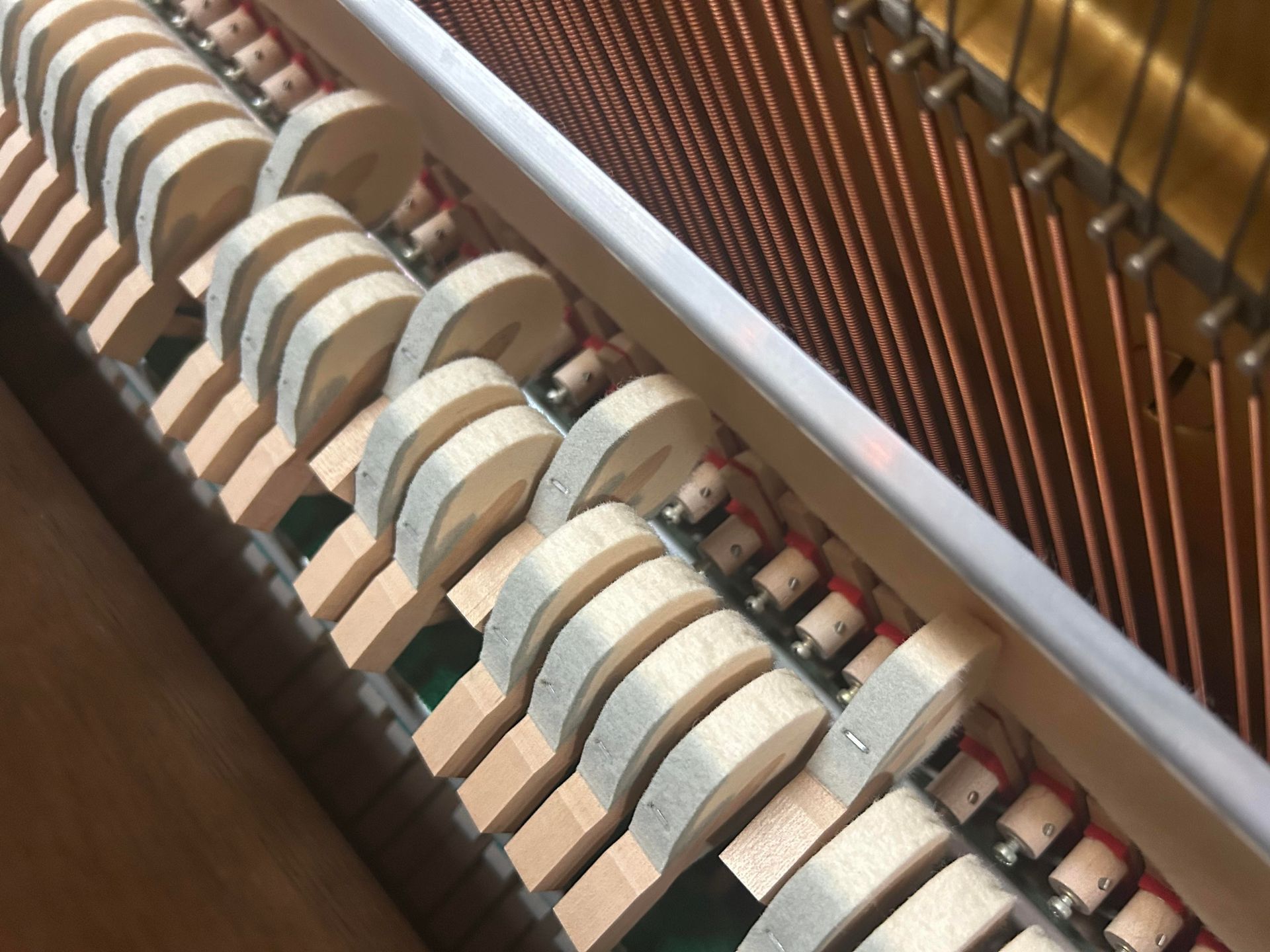 Close-up of piano hammers striking strings. Beige felt on wood hammers, copper strings, wooden frame.