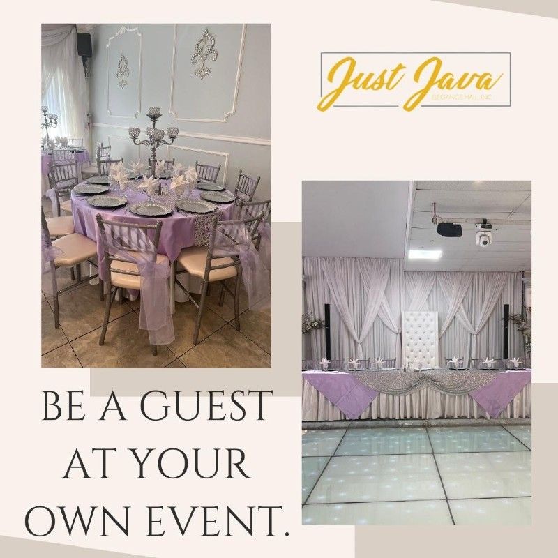 Elegant event venue interior with tables, decorations, and the words