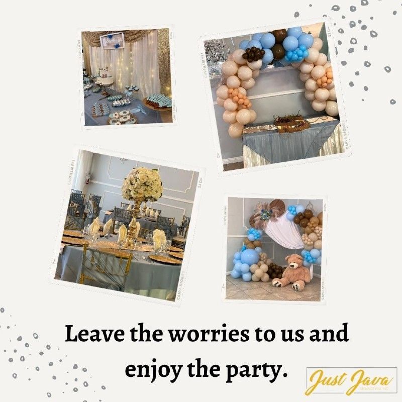 Decorated party scenes: table settings, balloon arches, and a teddy bear display.