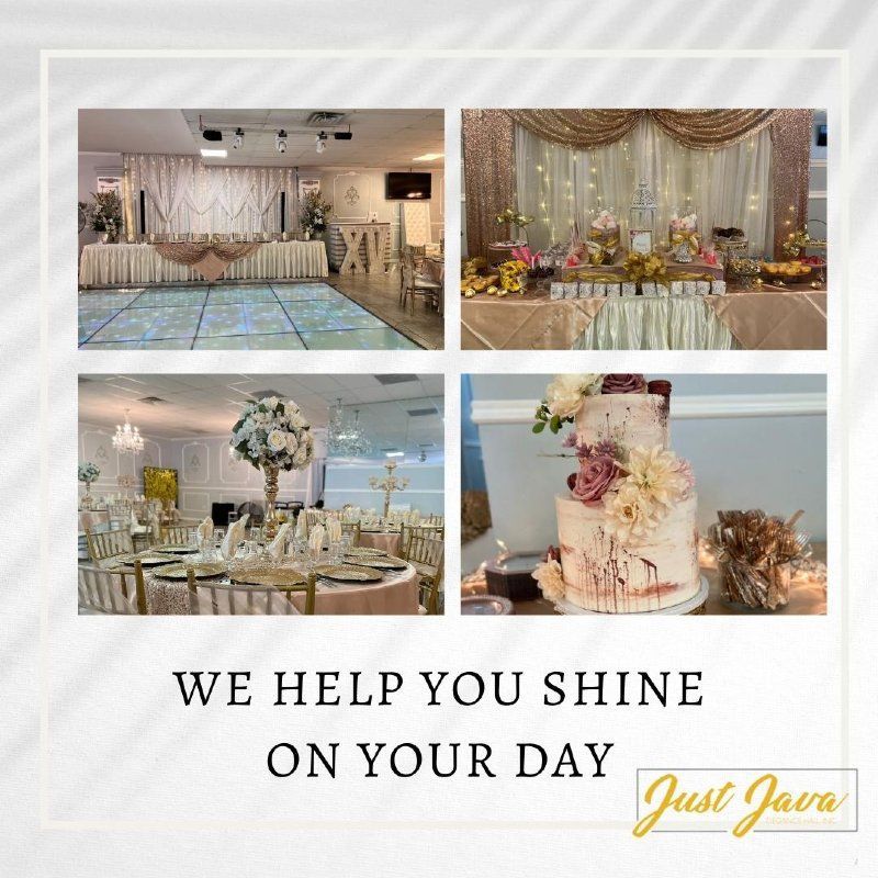 Collage of event hall setups with decor. Text:
