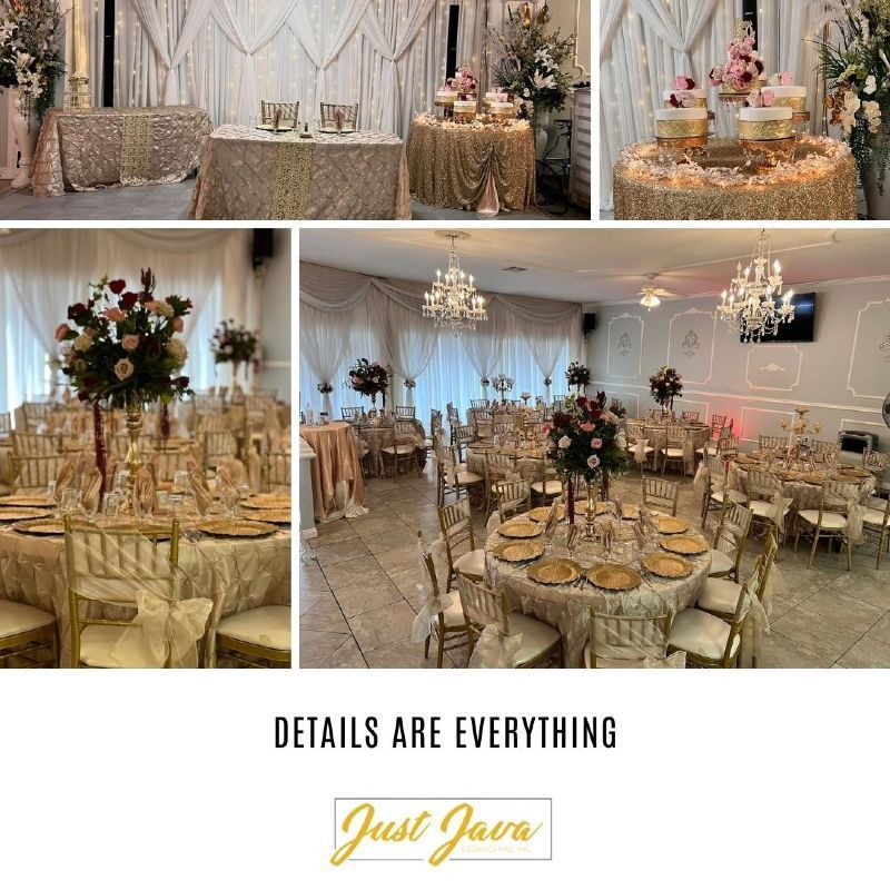 Elegant event hall decorated with gold and cream decor. Tables set with floral centerpieces.