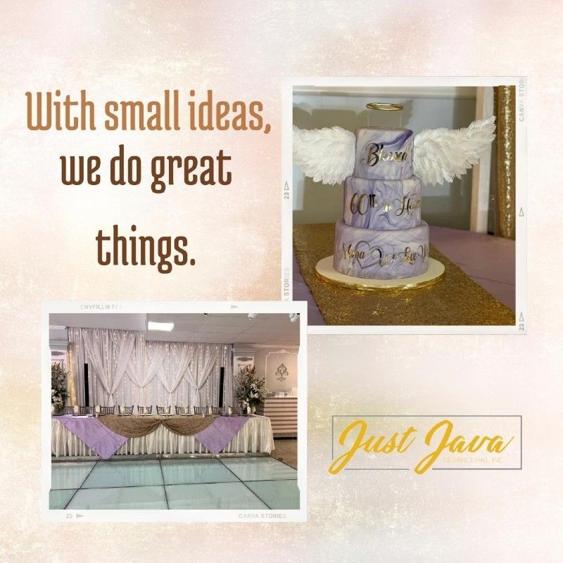 A three-tiered cake with angel wings and a decorated event space. Text reads: