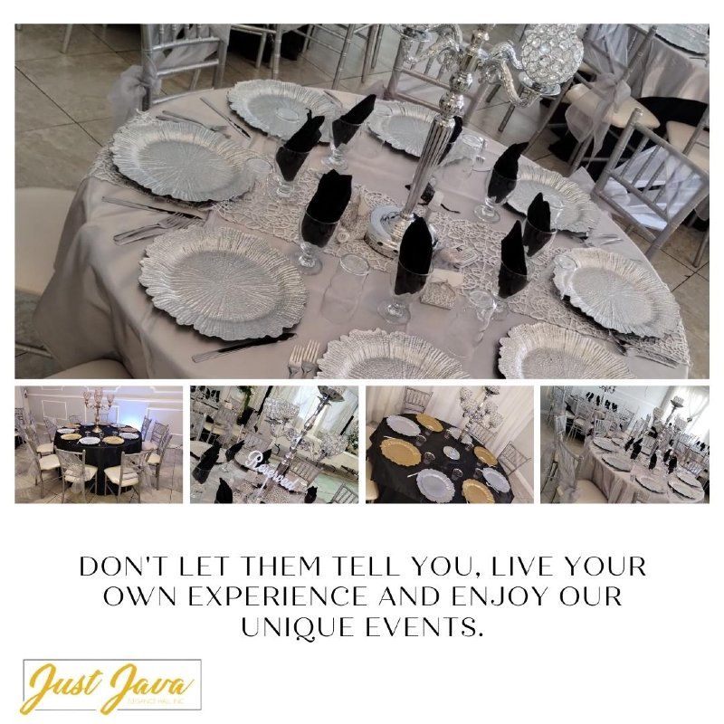 Elegant event table setting with ornate plates, centerpieces, and text promoting unique events by Just Java.